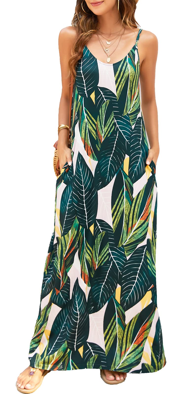 Supnier Women's Summer Maxi Dress - Casual V-Neck Sleeveless Bohemian Floral Long Dress with Spaghetti Straps & Pockets | Perfect for Beach Vacations, Date Nights & Outdoor Parties
