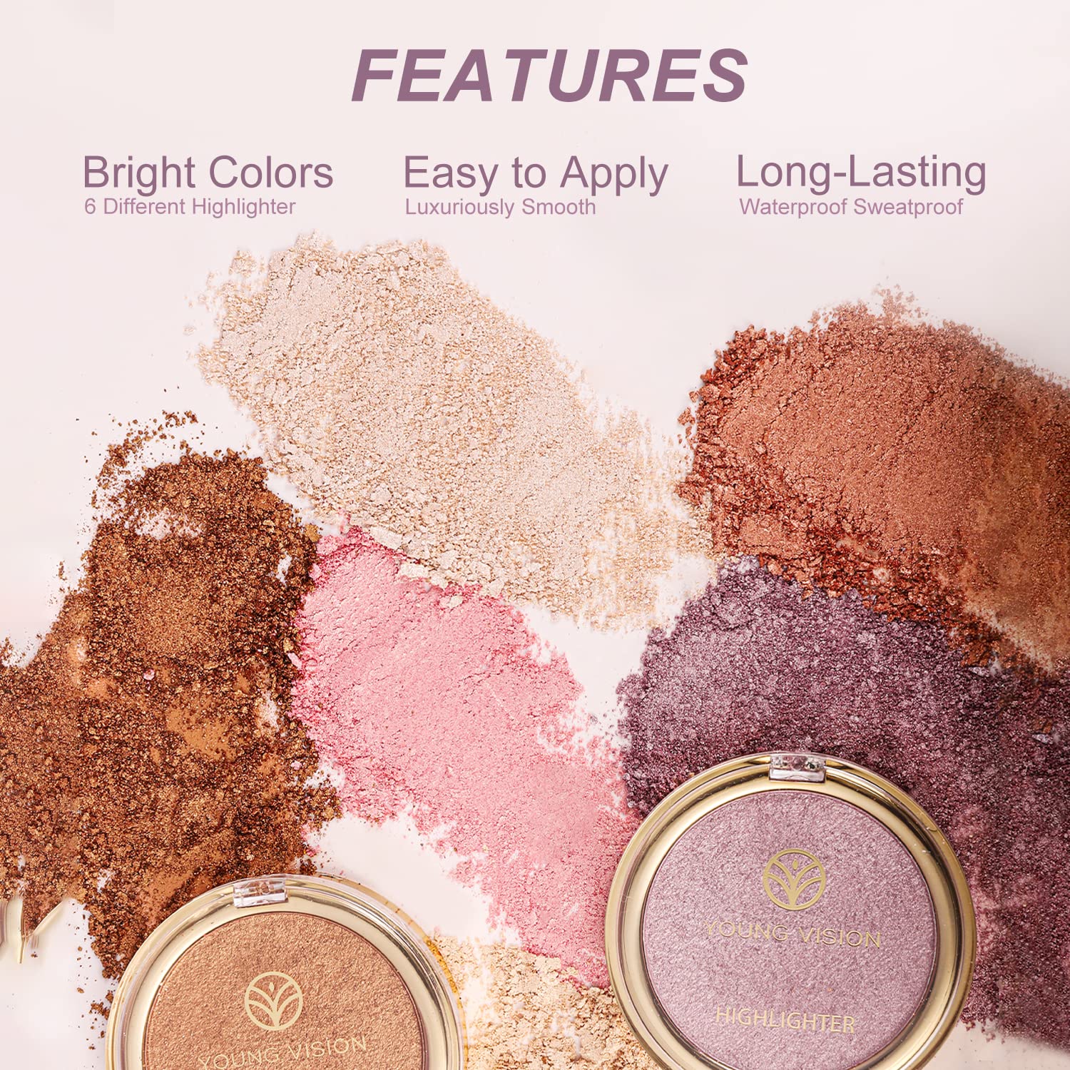 YOUNG VISION Baked Highlighter Powder Palette - Sheer Pearl Shimmer Face Highlighter & Blush Makeup Kit, Highly Pigmented Rose/Pink Shade, 0.19 Oz (Pack of 1) | Perfect for Contouring, Everyday Glow & Special Occasion Makeup