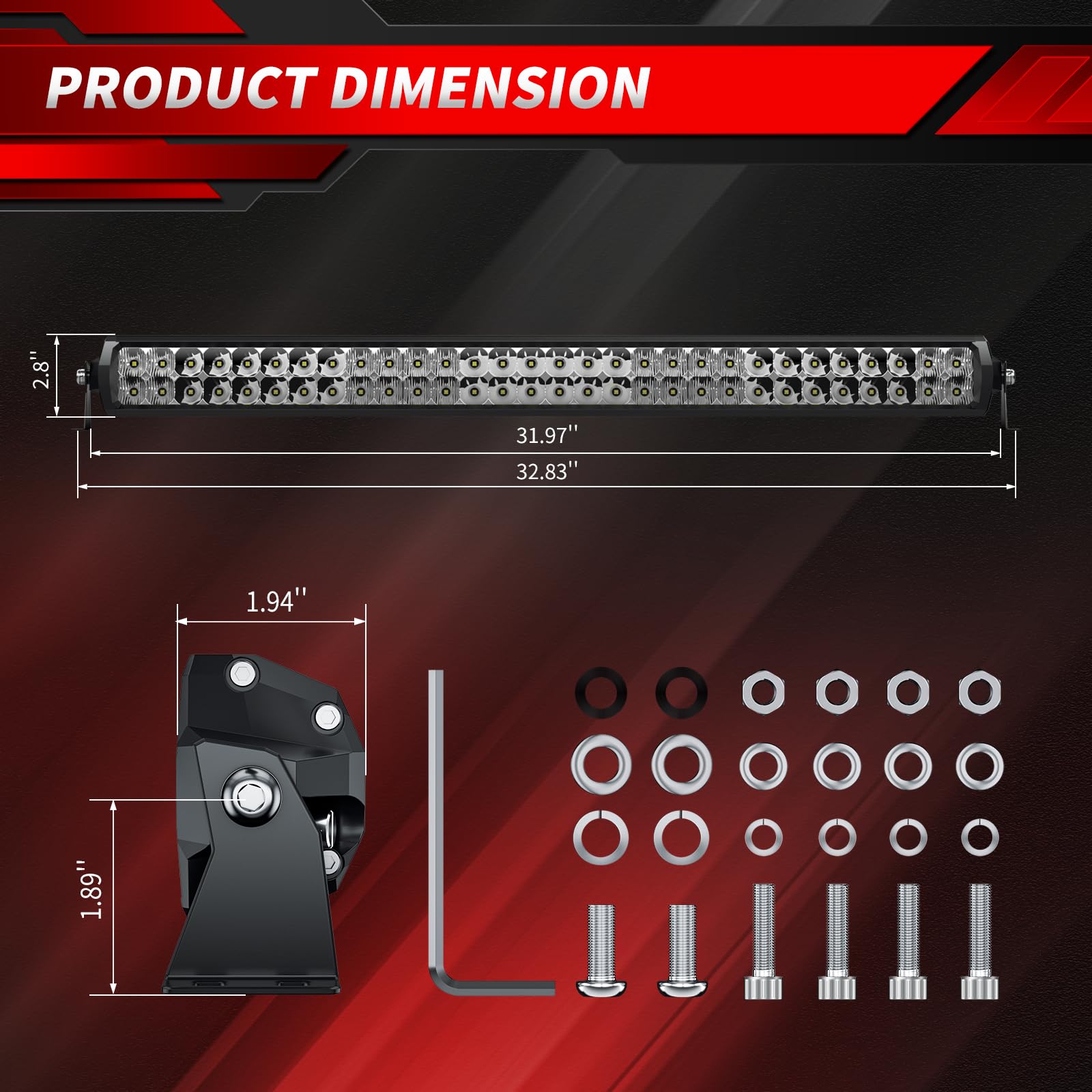 4WDKING 30 Inch LED Light Bar - IP68 & IP69K Waterproof, 180W Dual Row Off-Road Light with DT Connector - Flood & Spot Combo Beam for Trucks, Cars, ATV, UTV, Boats - Perfect for Night Off-Roading, Camping & Emergency Lighting