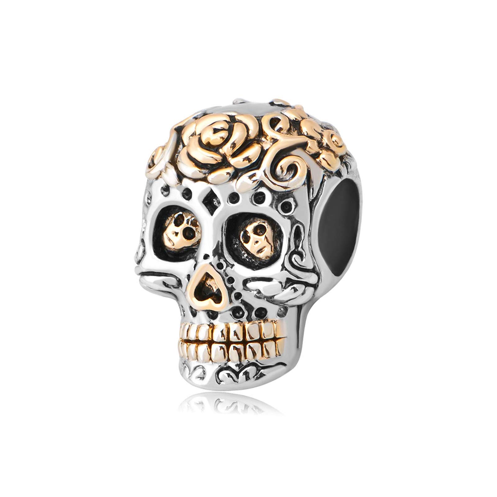 Gold Cross Sugar Skull Bead & Love Heart Floral Charm for Women's Bracelets - Perfect Gift for Wife, Sister, Cousin or Couple (Husband/Wife) | Great for Everyday Wear, Special Occasions & Jewelry Making