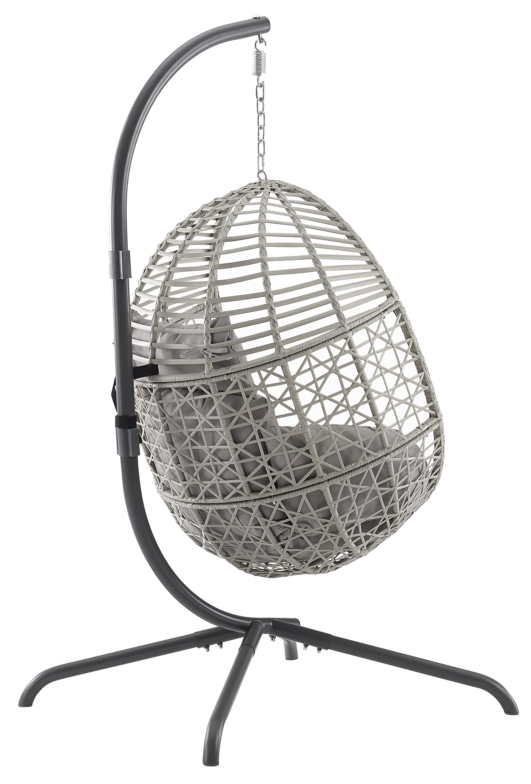 Crosley Lorelei Wicker Hanging Egg Chair with Stand - Indoor Outdoor Swing Chair for Patio, Porch, Deck, Garden - Gray Rattan Hanging Chair for Relaxing & Lounging