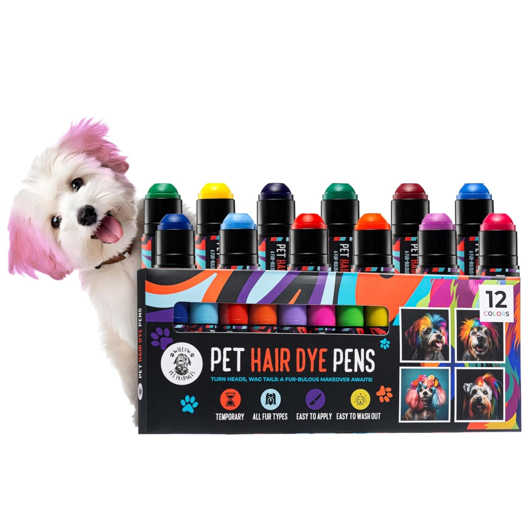 12 Color Dog Safe Hair Dye - Non-Toxic Temporary Pet Fur Dye for Dogs & Horses | Safe for Grooming, Costumes & Creative Pet Styling