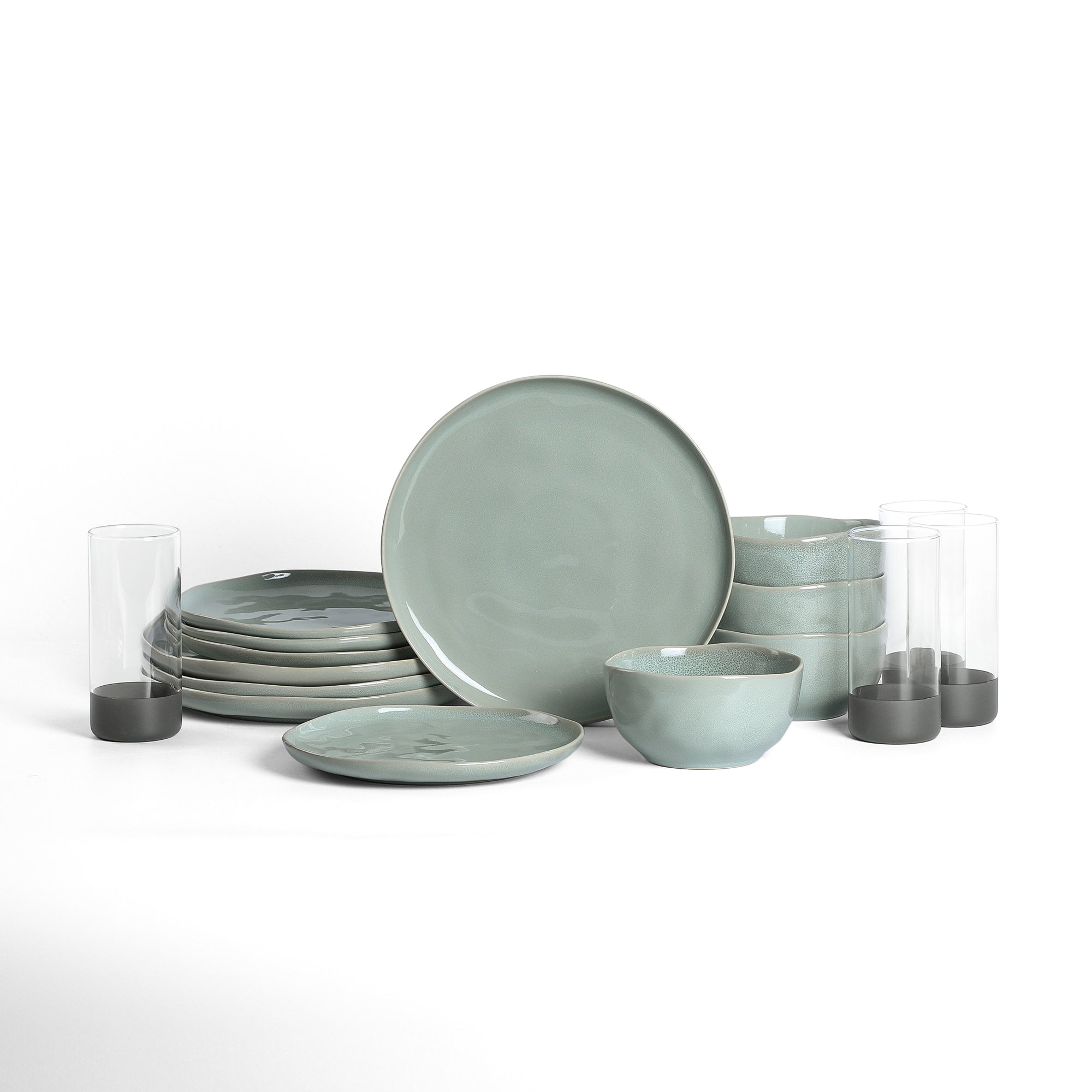 Stone Lain Mirella Stoneware 16-Piece Dinnerware Set with Glasses - Elegant Blue Ceramic Plates, Bowls & Cups for Everyday Dining & Entertaining