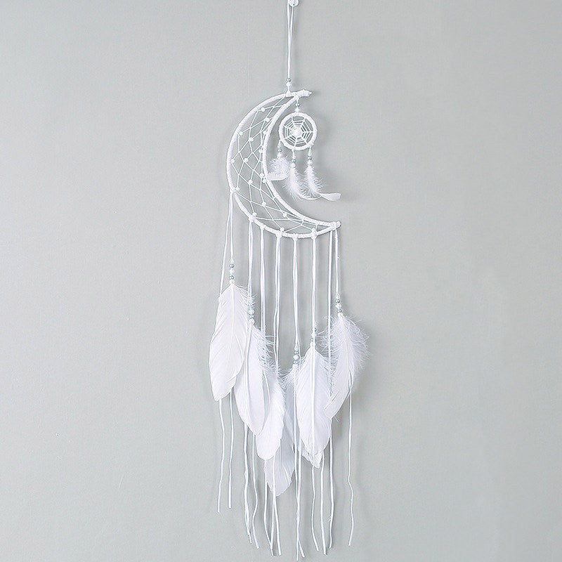White Moon Feather Dreamcatcher - Handmade Boho Wall Hanging Decor for Bedroom, Nursery & Living Room - Spiritual Home Decor & Gift Idea for Housewarming, Birthday & Wedding