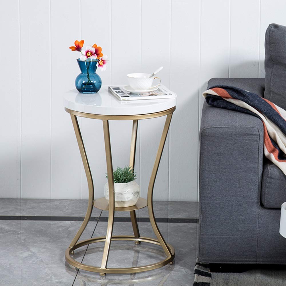 Nordic Metal Storage Sofa Table with Marble Tabletop - Sturdy & Durable Living Room End Table, Bedroom Side Table - Perfect for Small Spaces, Apartment Decor & Coffee Table Alternative (White)