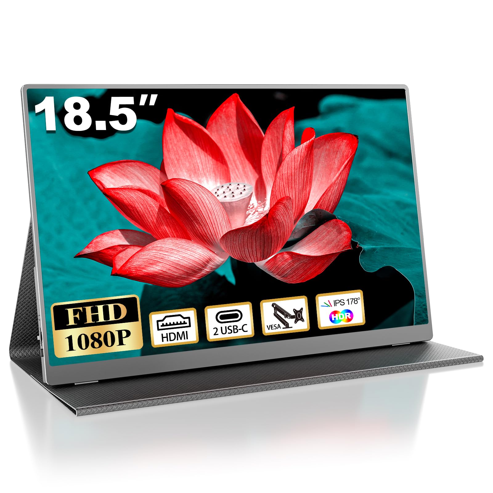 18.5 Inch Portable Monitor for Laptop - FHD 1080P IPS Display, 100% sRGB, HDR, USB-C/HDMI, VESA Mount, Built-in Speakers with Smart Cover - Perfect for Travel, Business, Gaming & Home Office Use