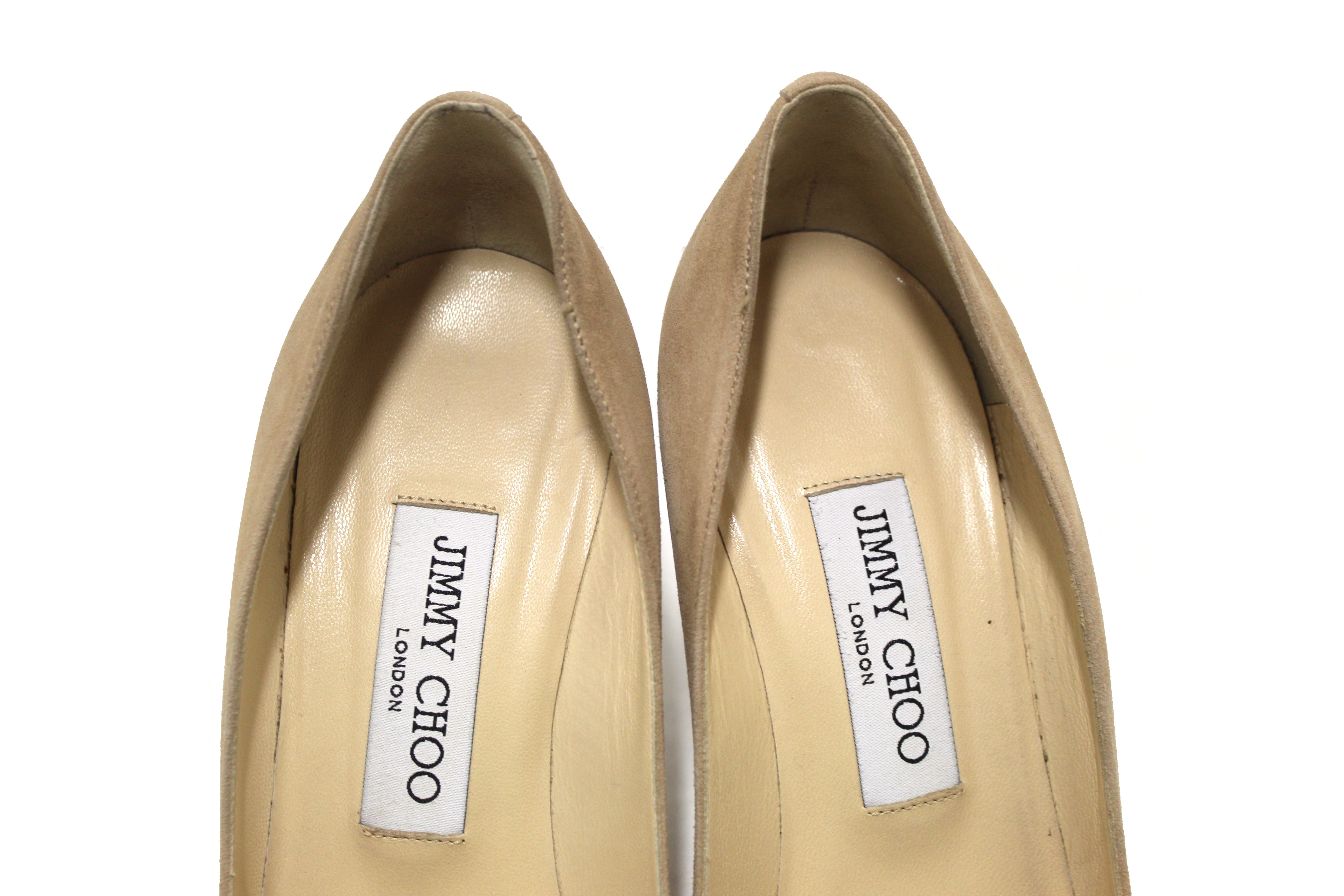 Authentic Jimmy Choo Beige Pointed Toe Suede Heels Women's Size 37.5 (US 7.5) - Luxury High Heels for Weddings, Parties & Special Occasions