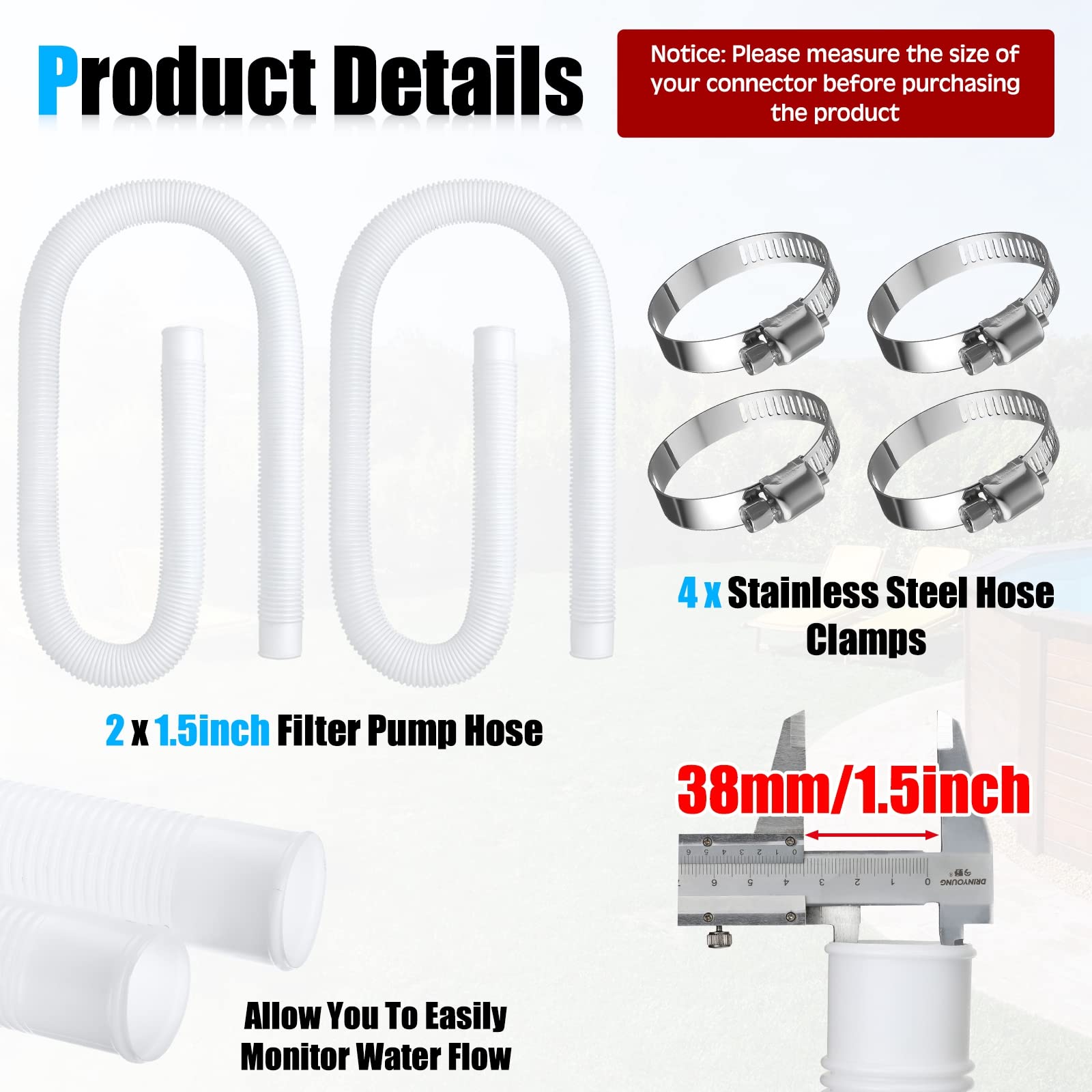 1.5 Inch Above Ground Pool Hose - 59 Inch Replacement Pump Hose with 16 Hose Clamps | Durable Swimming Pool Accessory for Water Circulation & Maintenance