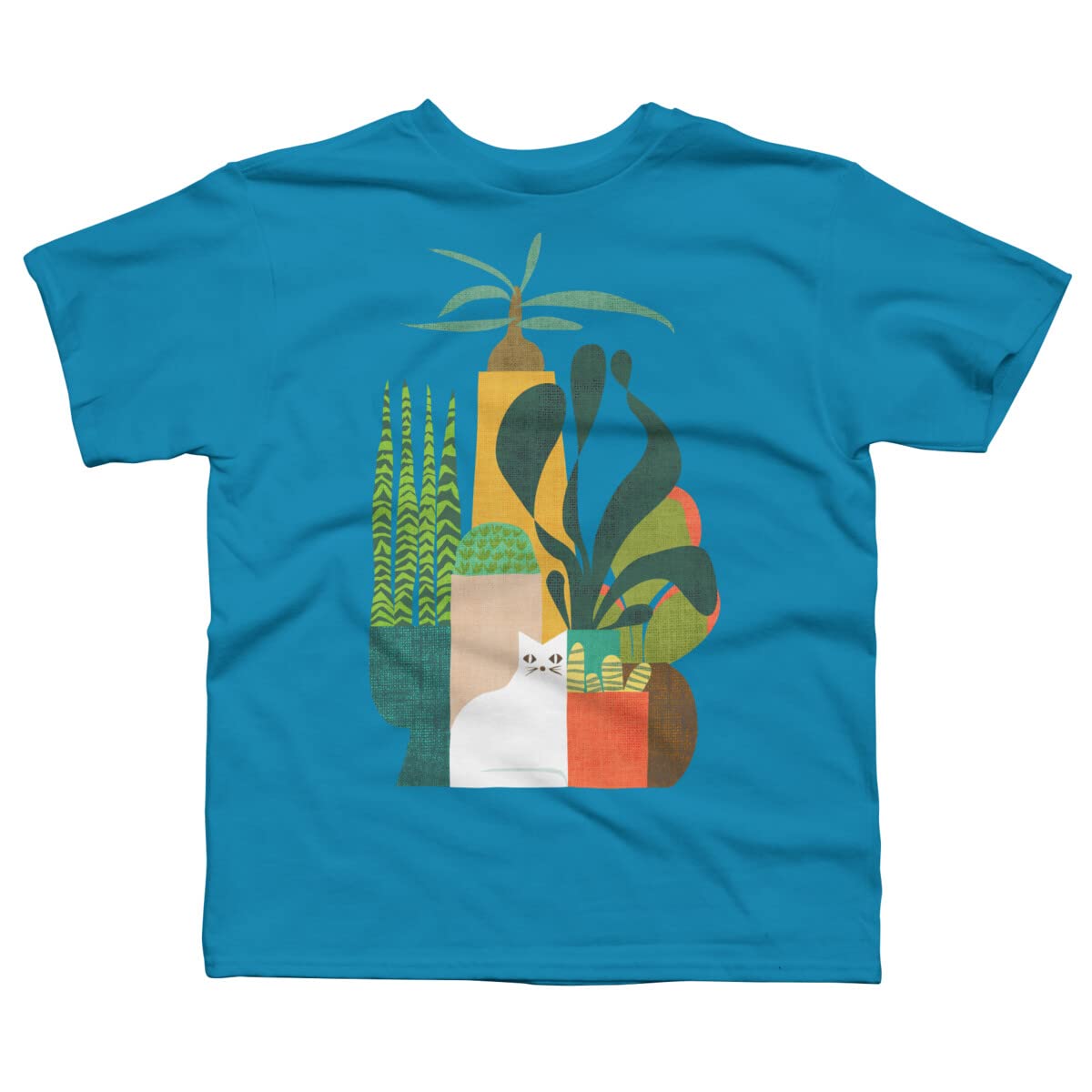 Design By Humans Boys' Cat and Plants Graphic T-Shirt - Cute Cat & Botanical Print Tee for Kids - Perfect for Casual Wear, School, and Playdates