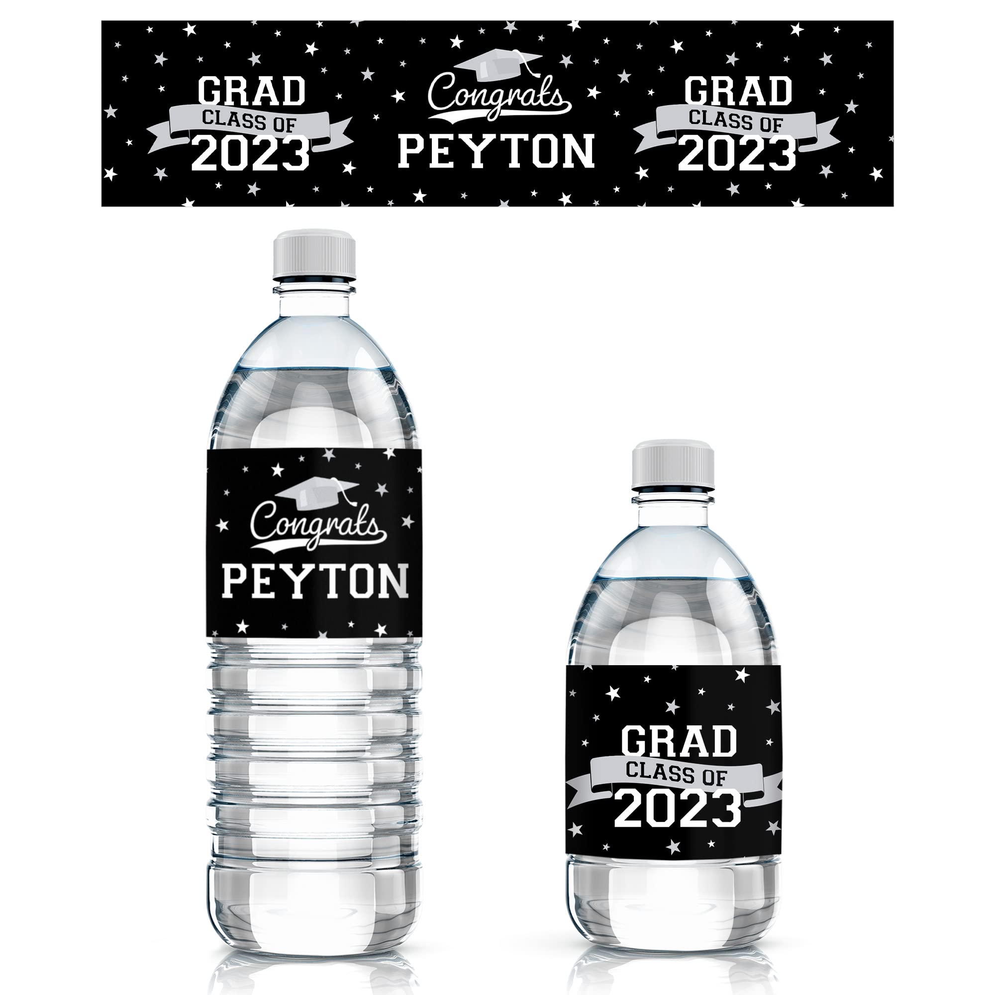 Personalized Graduation Water Bottle Labels - Class of 2023 - Waterproof Custom Stickers for School Spirit - 24 Pack Black & White - Perfect for Graduation Gifts, Party Favors & School Events