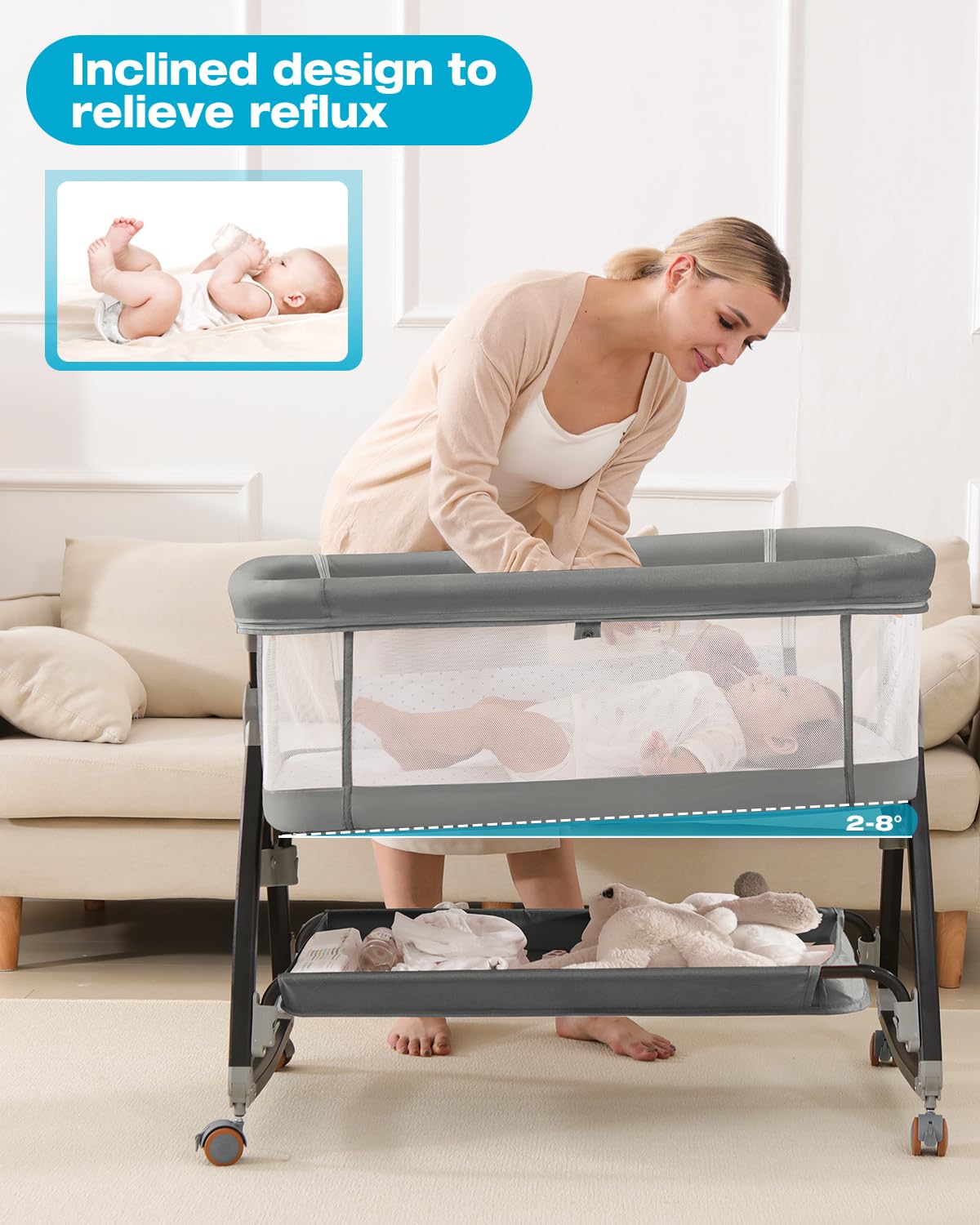 Portable Baby Bassinet with Wheels & Breathable Mesh - Adjustable Height, Foldable Design, Mosquito Net & Storage Basket - Perfect for Nursery, Bedside Co-Sleeping & Travel (Grey)