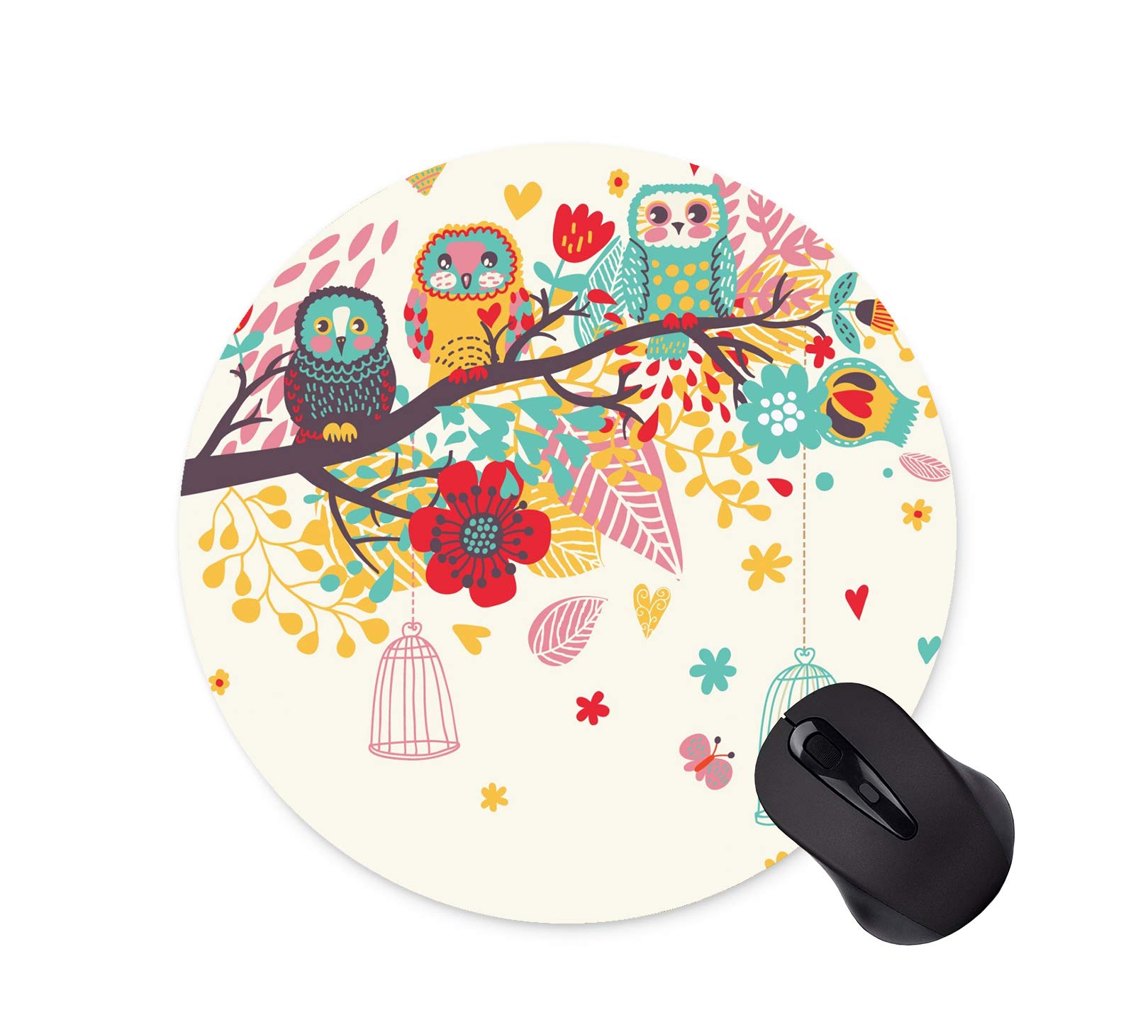 Non-Slip Round Watercolor Owl Mouse Pad - 200x200x3mm Office & Gaming Computer Accessory - Perfect for Workstations, Home Offices & PC Gaming Setups