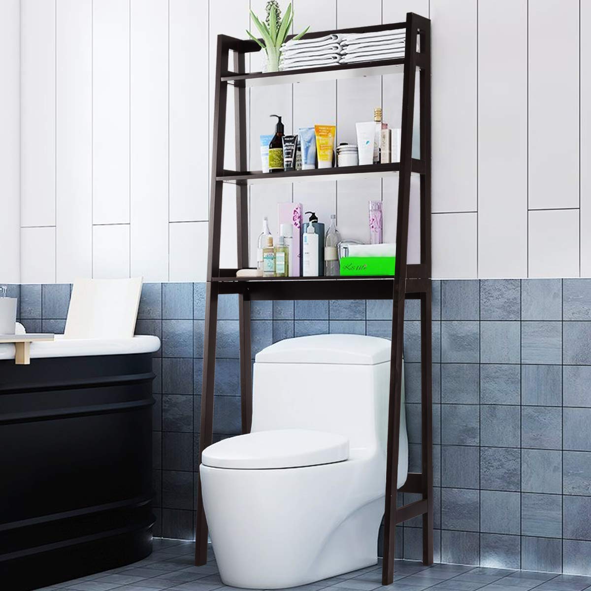 Tangkula Over The Toilet Storage Cabinet - 3-Tier Freestanding Bathroom Organizer with Adjustable Shelves, Space Saving Toilet Rack for Bath Towels, Toiletries & Decor (Brown) - Perfect for Small Bathrooms, Apartments & Powder Rooms