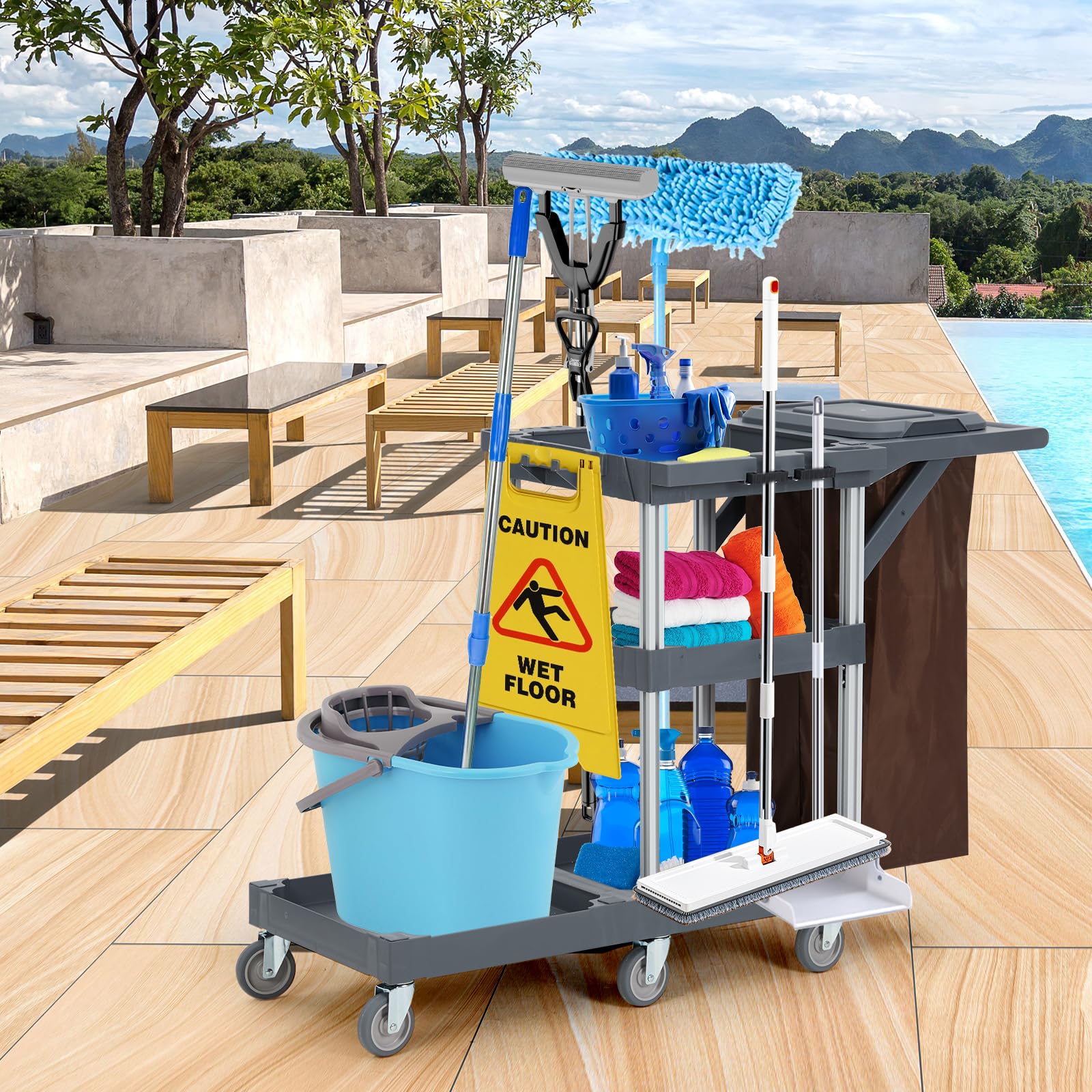 Commercial Janitorial Cleaning Cart with Wheels - Black Housekeeping Utility Cart with Cover, Shelves & Vinyl Bag | Ideal for Hotels, Hospitals & Office Cleaning