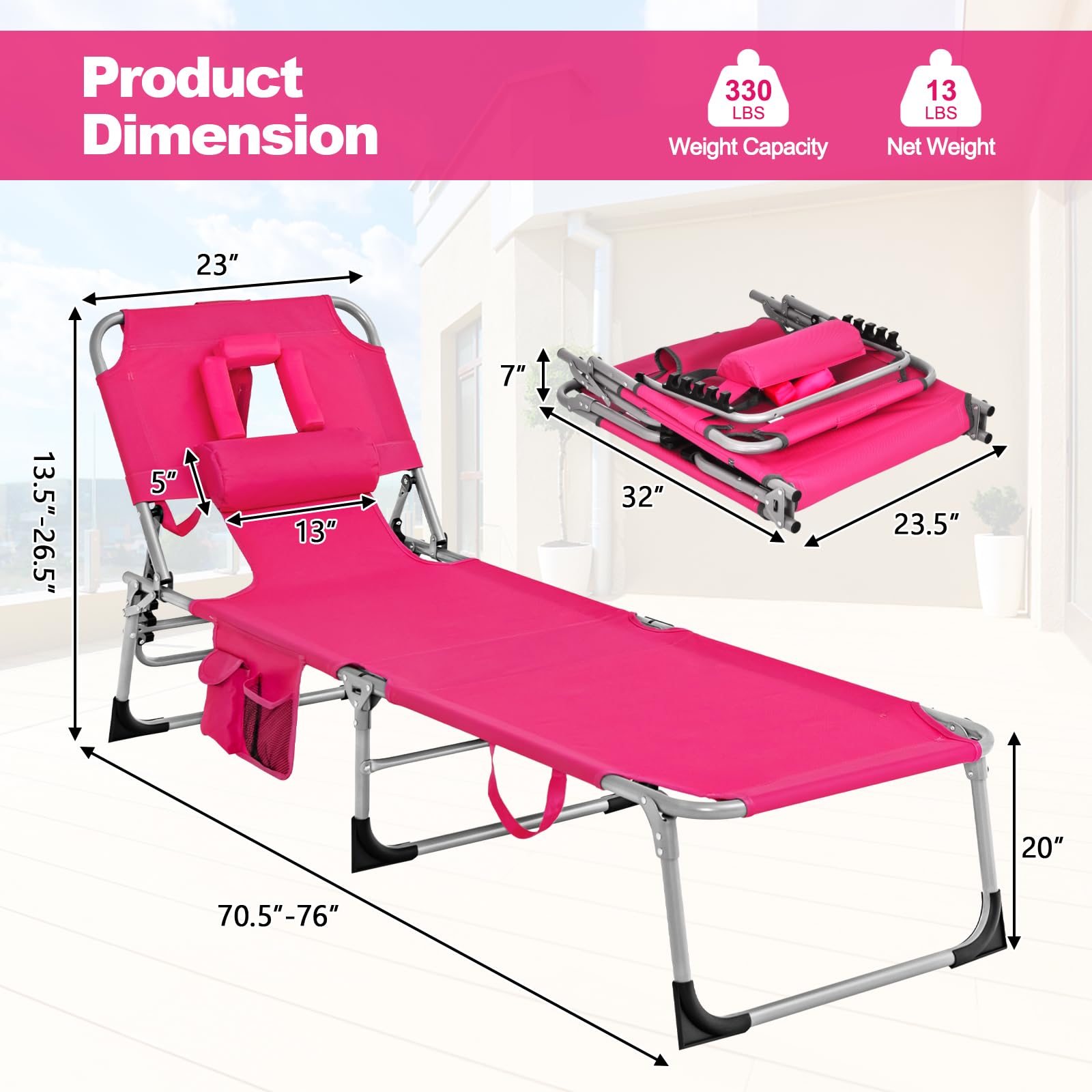 Tangkula Adjustable Folding Beach Chaise Lounge Chair with Face Hole & Side Pocket - Portable Reclining Sunbathing Chair for Poolside, Backyard, Patio - Perfect for Tanning, Relaxing by the Ocean or Outdoor Lounging