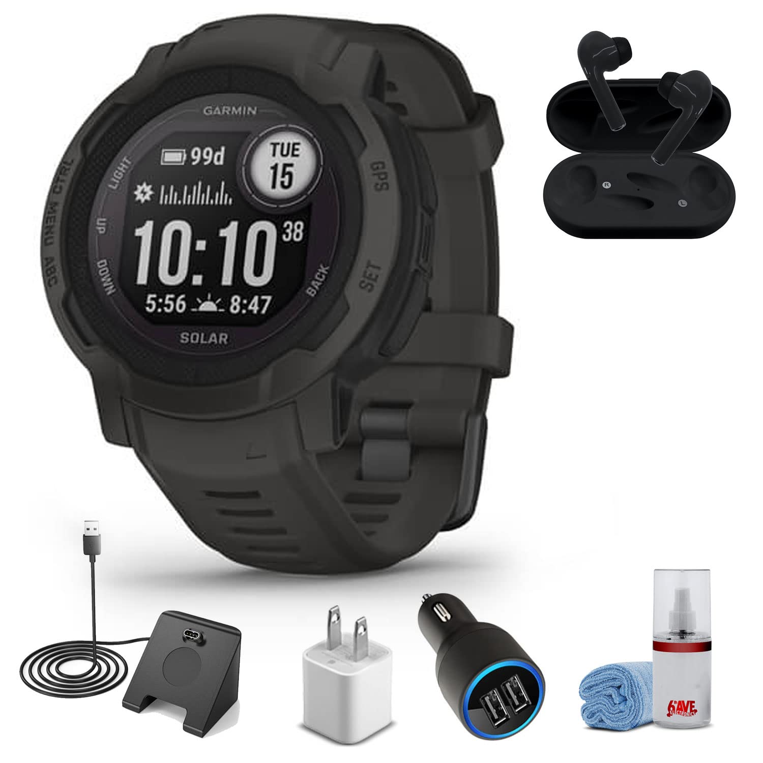 Garmin Instinct 2 Solar Smartwatch - 45mm Graphite with Wireless Headphones, Charging Stand & USB Adapter | Rugged GPS Watch for Outdoor Sports, Hiking & Fitness Tracking | Includes 6Ave Cleaning Kit (010-02627-10)