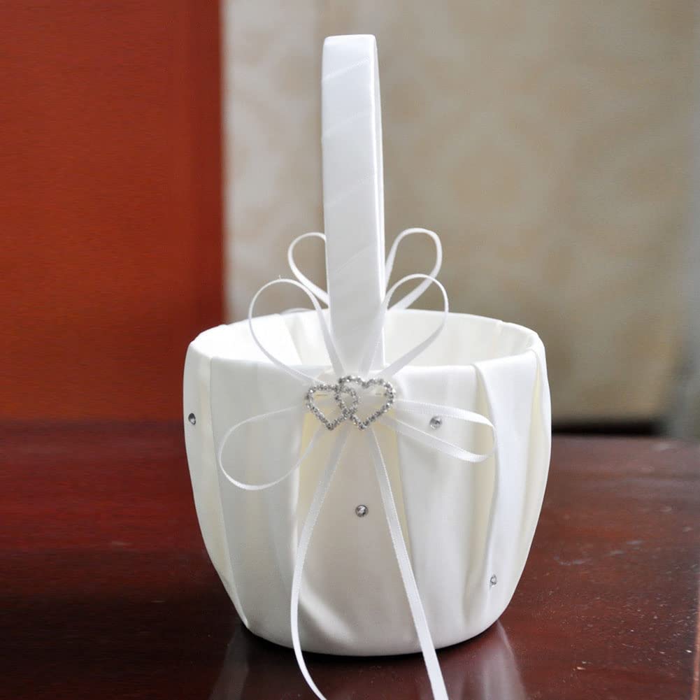 LAPUTA Elegant White Wedding Flower Girl Basket - Double Heart Rhinestone Satin Ribbon Bowknot Decorative Basket for Brides (5.12