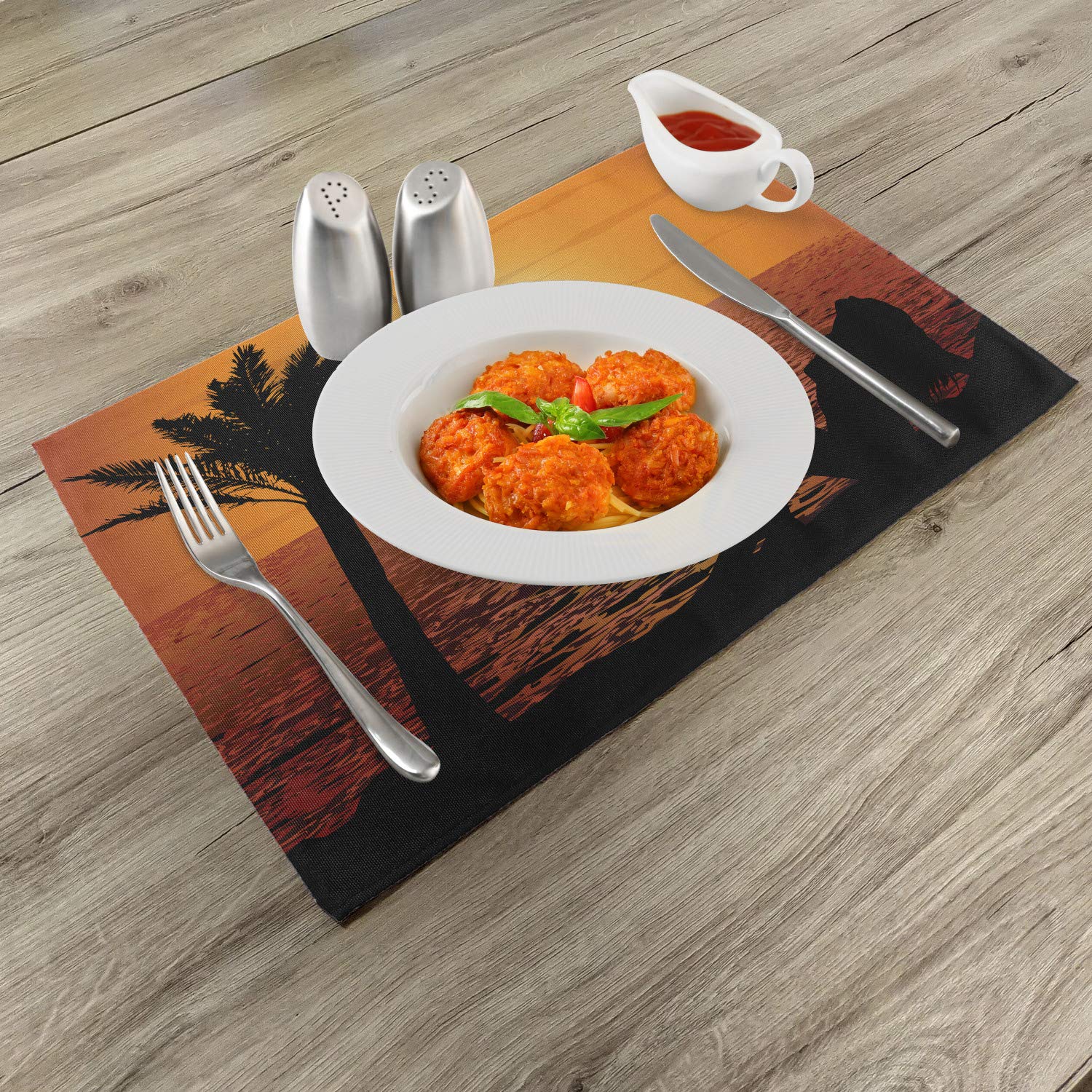 Ambesonne Retro Place Mats Set of 4 - Tropical Beach Sunset with Lady & Palm Tree Silhouette - Washable Fabric Dining Table Mats for Kitchen & Dining Room Decor in Orange & Black - Perfect for Dinner Parties, Family Gatherings & Tropical Themed Events