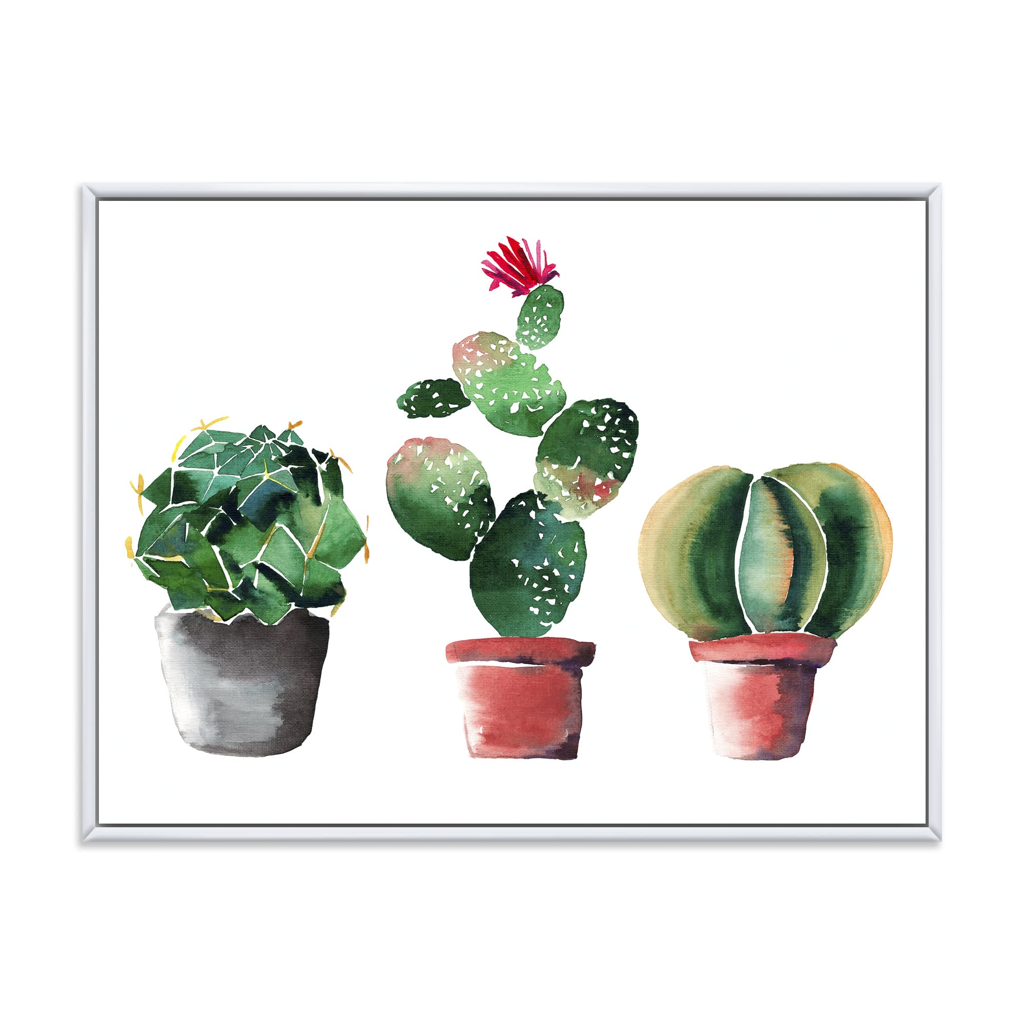 DesignQ Three Cactus In Clay Pots - Traditional Framed Canvas Wall Art Print for Home, Office & Living Room Decor | Southwestern Desert Plant Painting