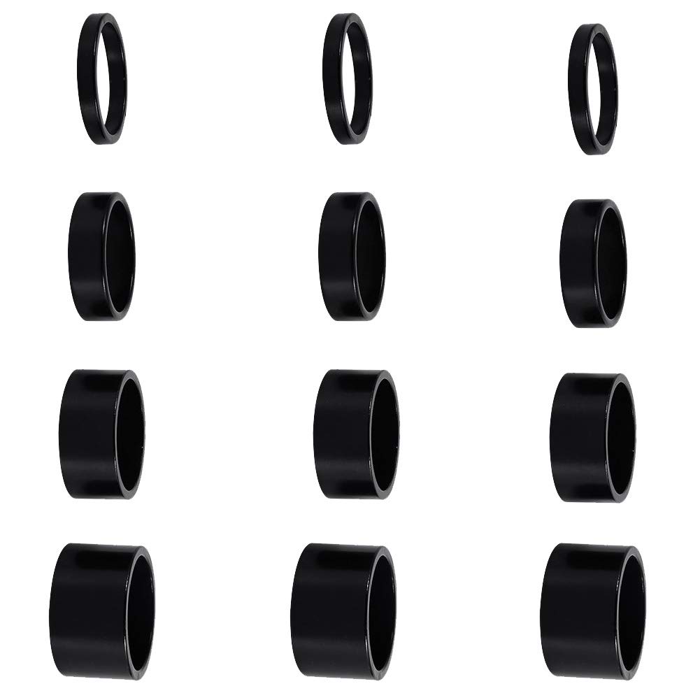 12-Piece Aluminum Alloy Bicycle Headset Spacer Set - 1 1/8-Inch Threadless Stem Spacers (2MM/3MM/5MM/10MM) for MTB, BMX, Road & Mountain Bikes - Perfect for Handlebar Height Adjustment & Bike Customization (Black)