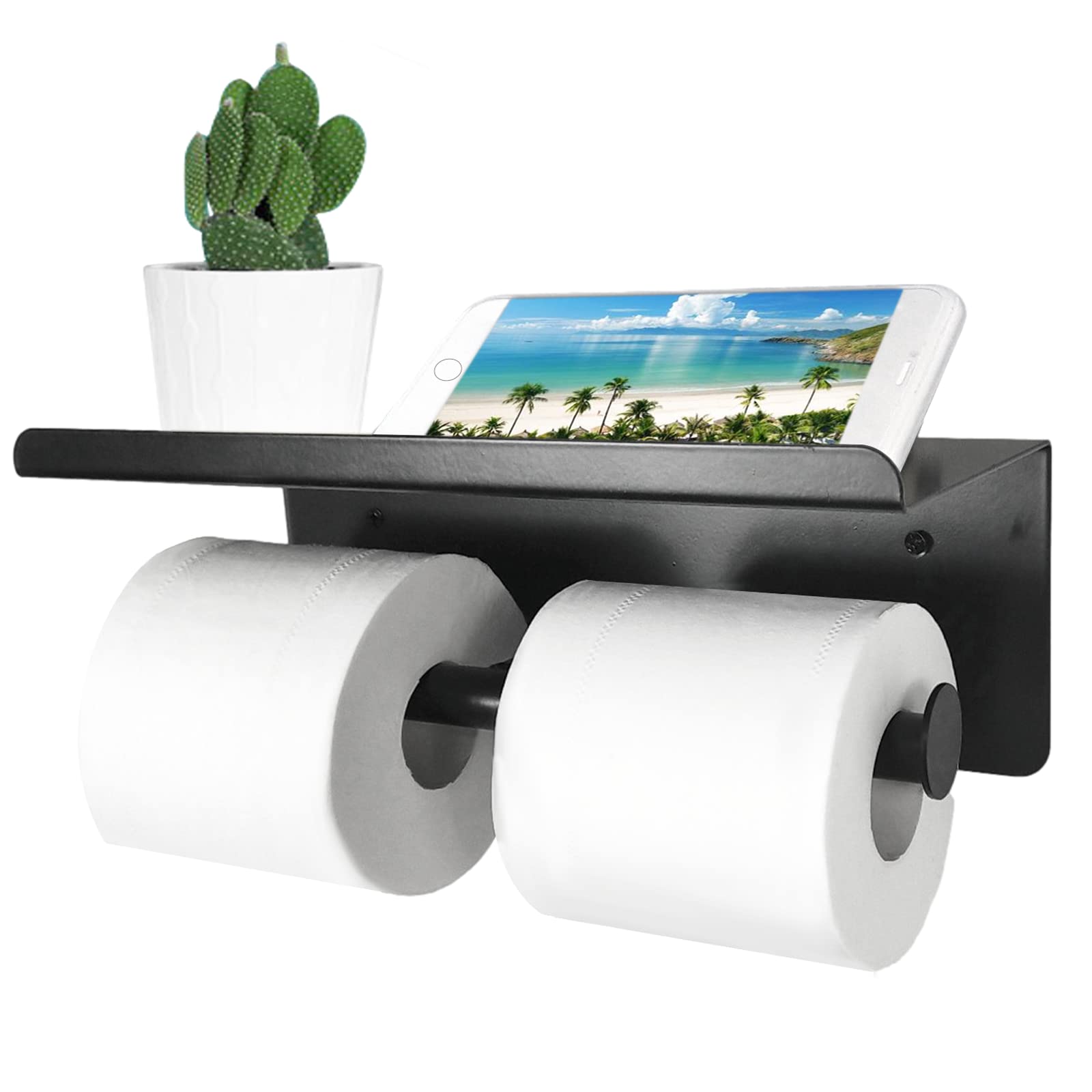 Kunzye Wall Mounted Toilet Paper Holder with Shelf - Double Roll Tissue Storage for Bathroom, Kitchen, or RV - Durable and Space-Saving Design