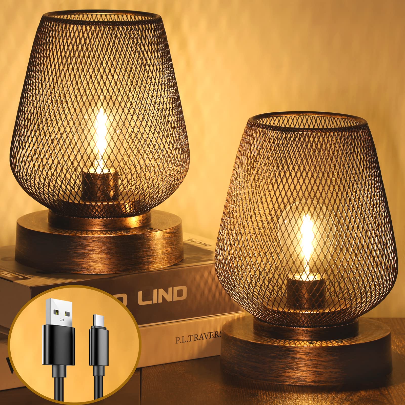 UBright 2 Pack Rechargeable Cordless Table Lamp - 4 Lighting Modes, Metal Battery Operated LED Light with Bulb Included, Bronze - Perfect for Indoor Outdoor Use in Bedroom, Living Room, Patio & Camping