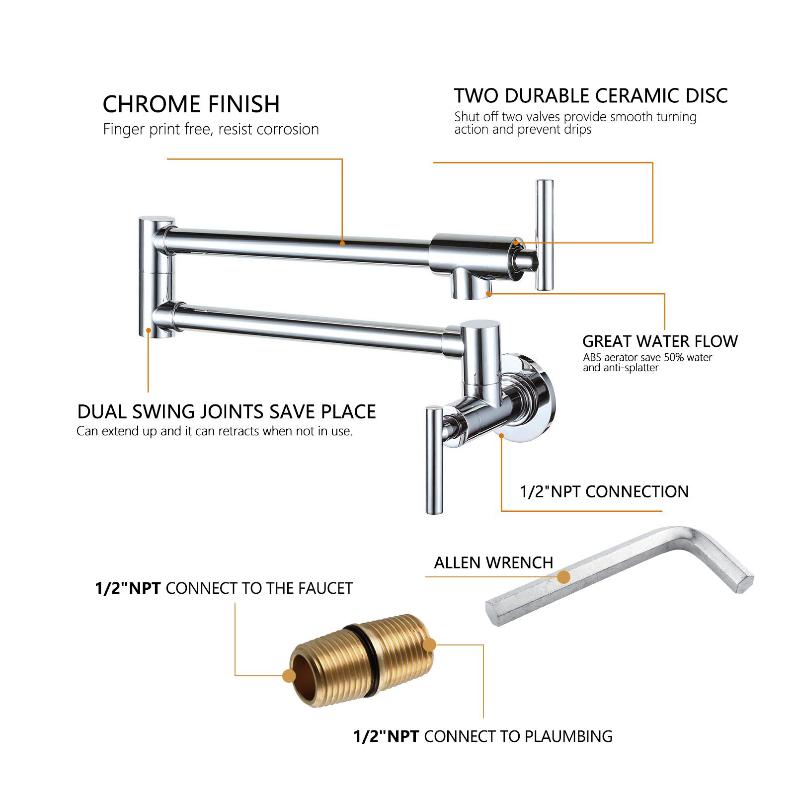 Wall Mounted Brass Pot Filler Faucet - 1/2