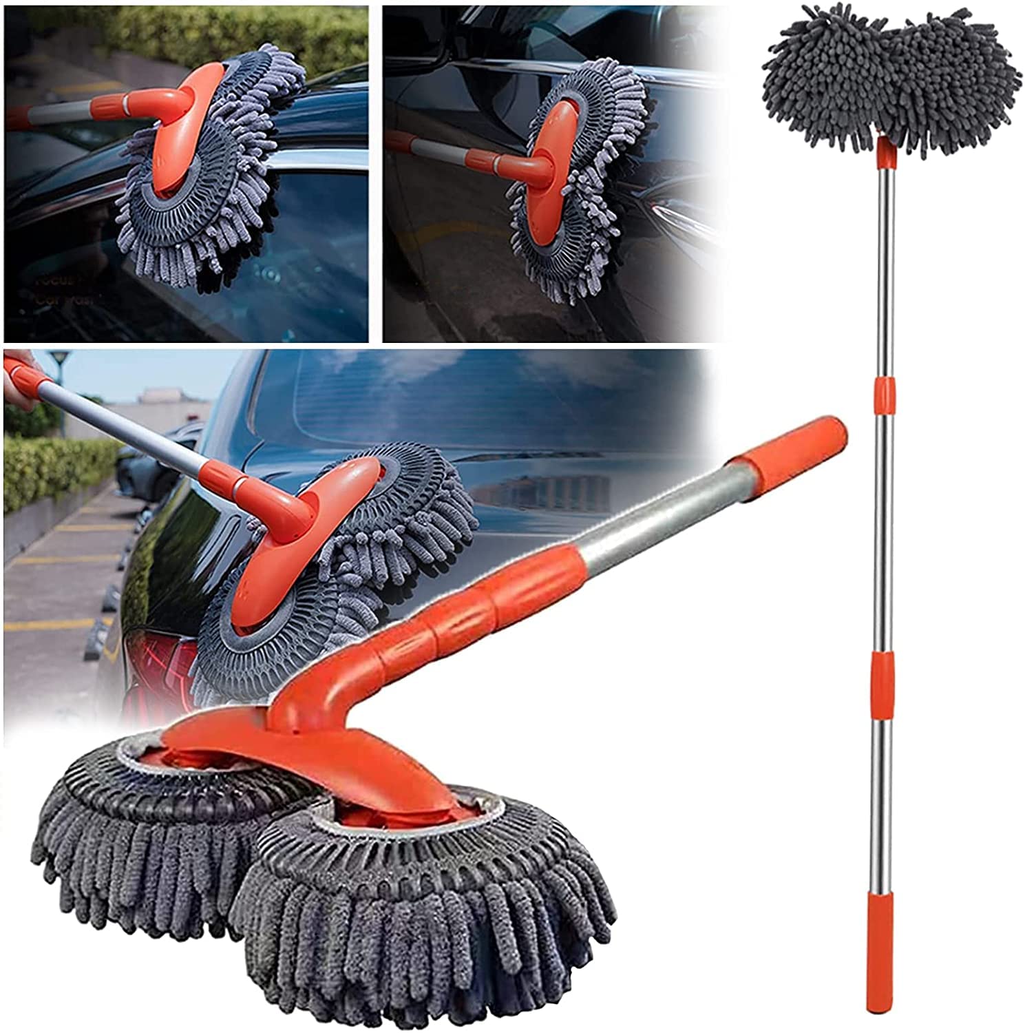 Shtain Retractable Double Layer Car Wash Brush with 360°Flexible Rotation Microfiber Head - Extendable Auto Detailing Brush for Cars, Trucks, SUVs - Perfect for Hand Washing, Waxing & Detailing Vehicles (1 Pack)