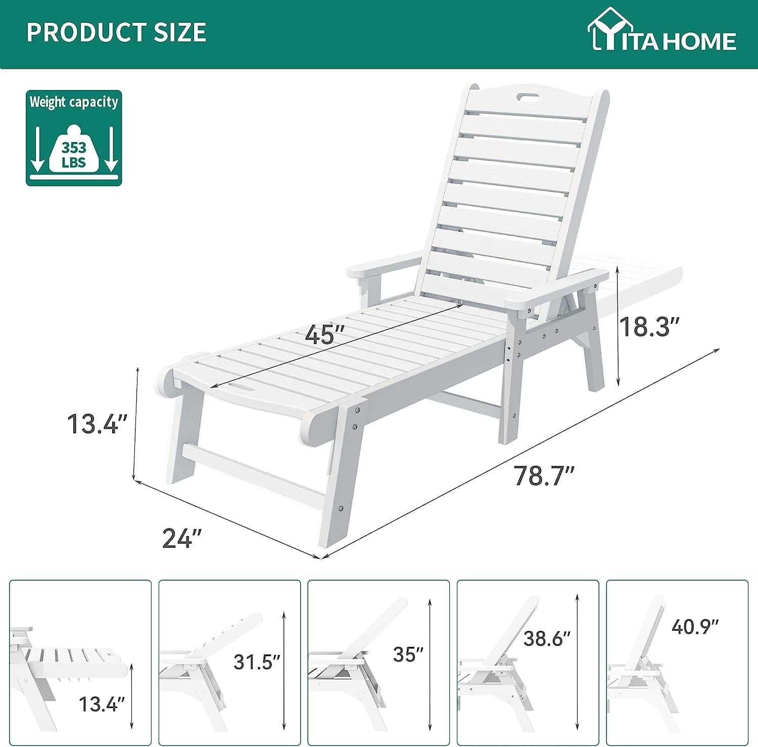 YITAHOME 2-Pack Outdoor Chaise Lounge Chairs with Adjustable Backrest - Heavy Duty Resin Patio Loungers with Wide Armrests, 350lbs Capacity - Waterproof White Poolside Beach Backyard Furniture for Relaxing by the Pool, Beach or Garden