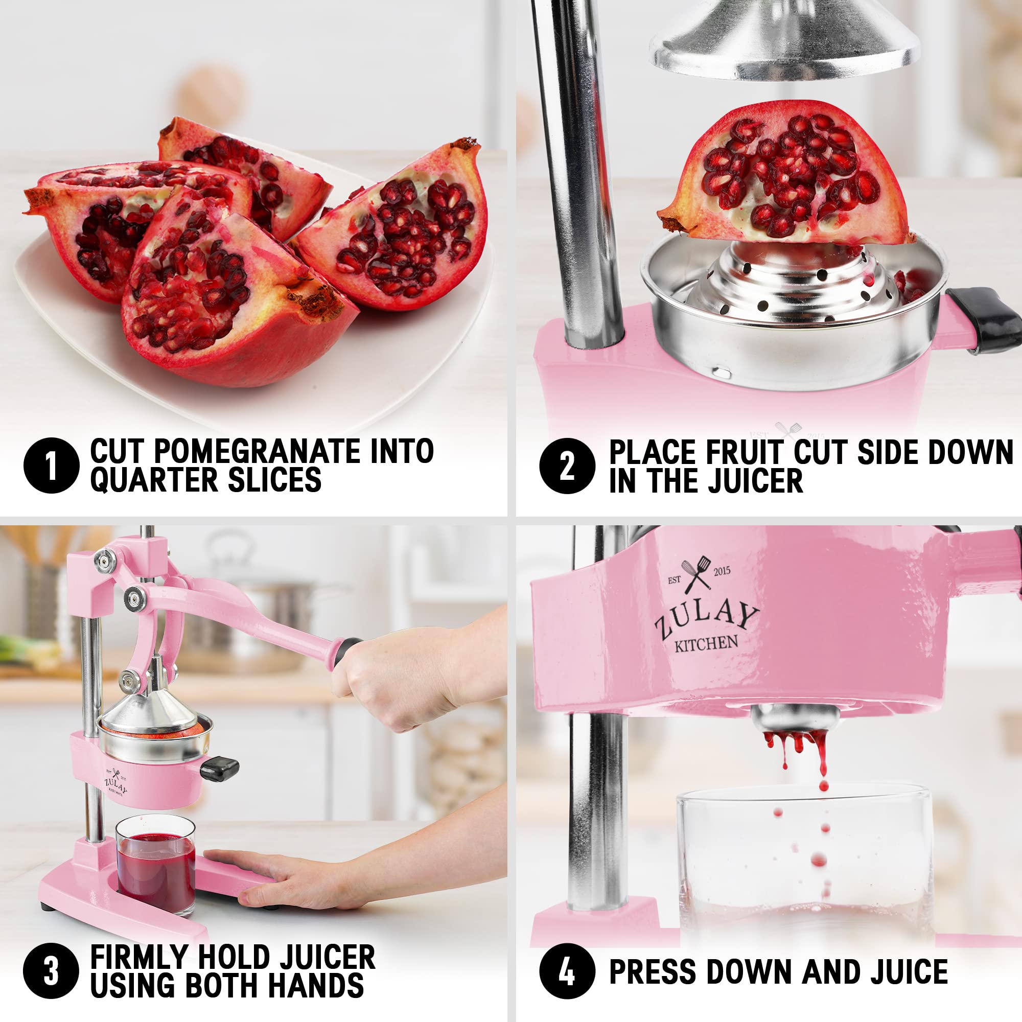 Zulay Kitchen Heavy Duty Cast Iron Orange Juice Squeezer - Professional Stainless Steel Citrus Juicer for Lemon, Lime & Grapefruit - Easy to Clean Manual Citrus Press with Sturdy Base - Perfect for Bars, Restaurants & Home Kitchen (Pink)