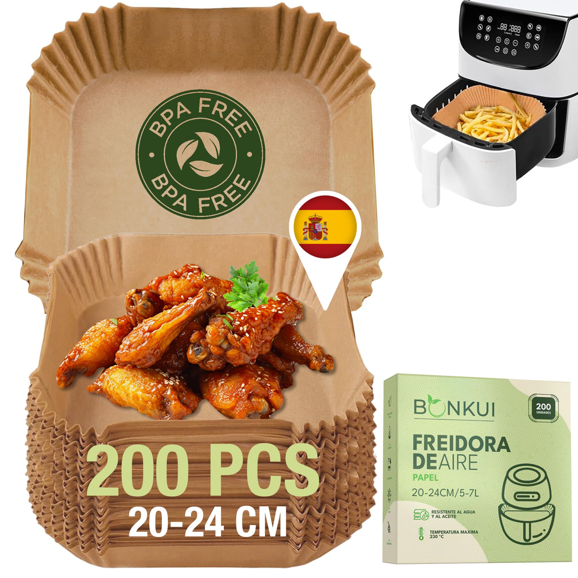 200 Pcs Air Fryer Liners [20-24cm] for 4-7L Square Basket - BPA Free Food Grade Parchment Paper - Perfect for Air Frying Chicken Wings, French Fries & Vegetables