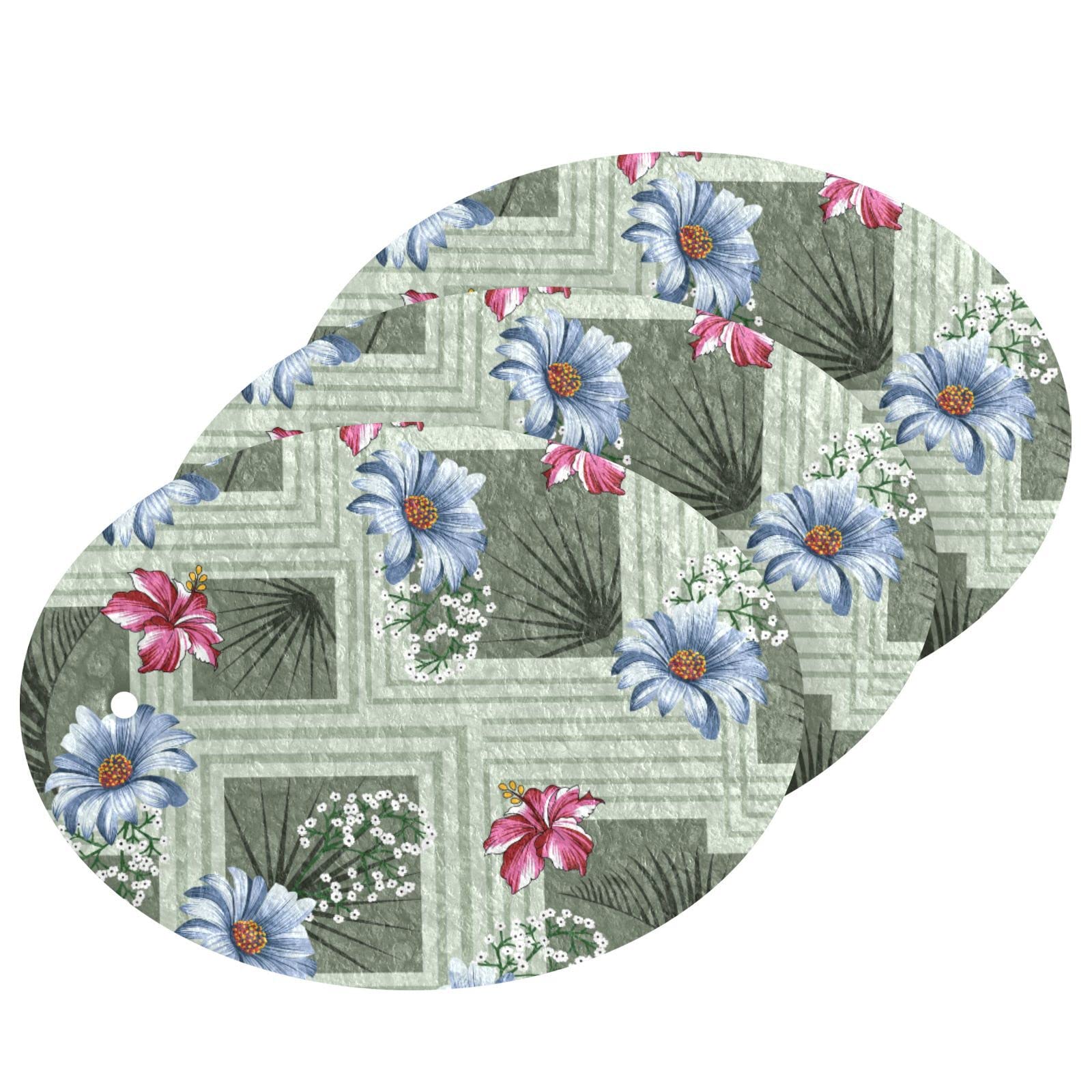 Kcldeci 3 Pack Kitchen Dish Scrub Sponge Pads - Blue and Pink Flowers on Green Scrubber for Dishes, Dishwashing, and Household Cleaning - Perfect for Kitchen Sinks and Countertops