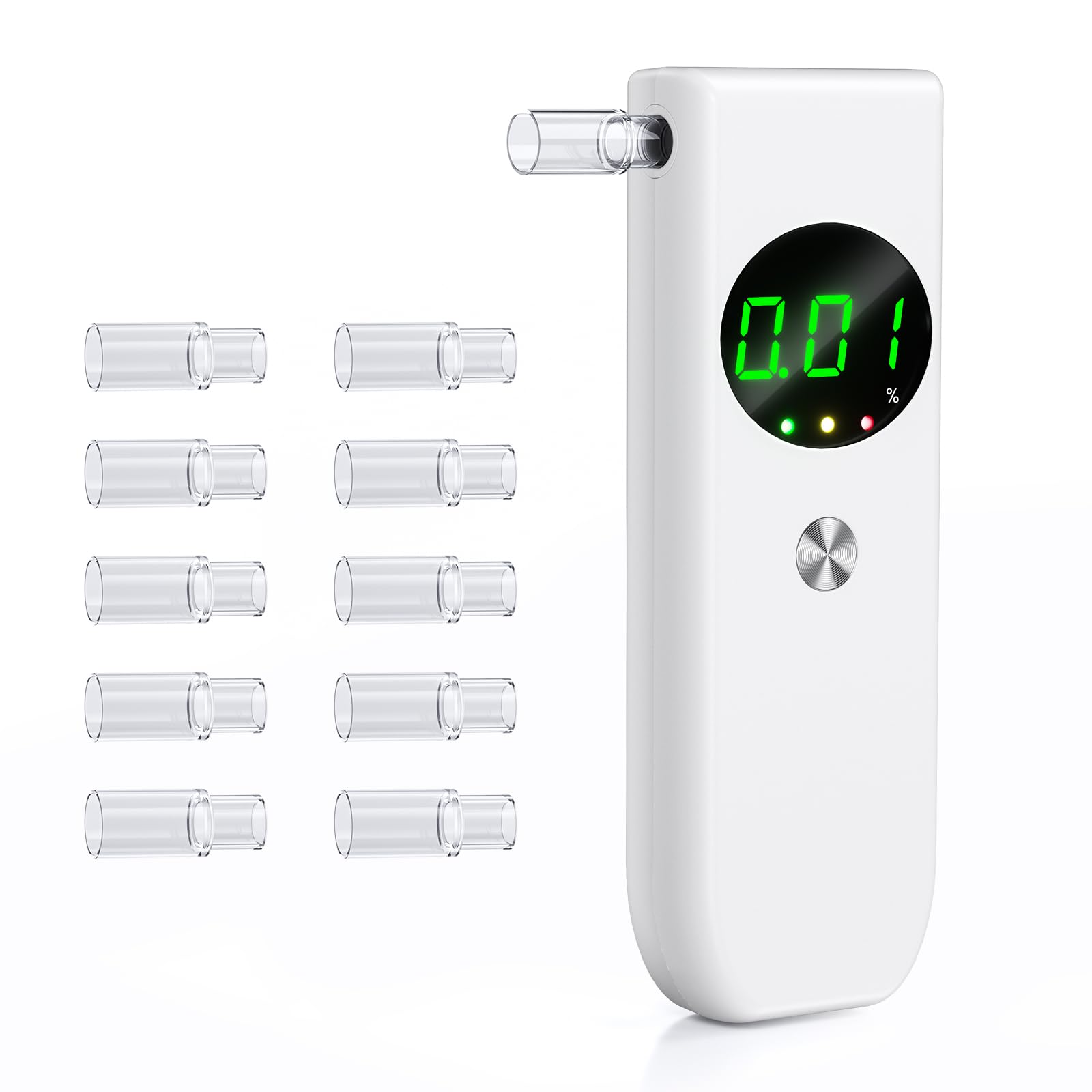 Professional Breathalyzer Alcohol Tester - High Accuracy LCD Digital Display with 10 Disposable Mouthpieces | Portable BAC Detector for Home, Party, Workplace & Road Safety (White)
