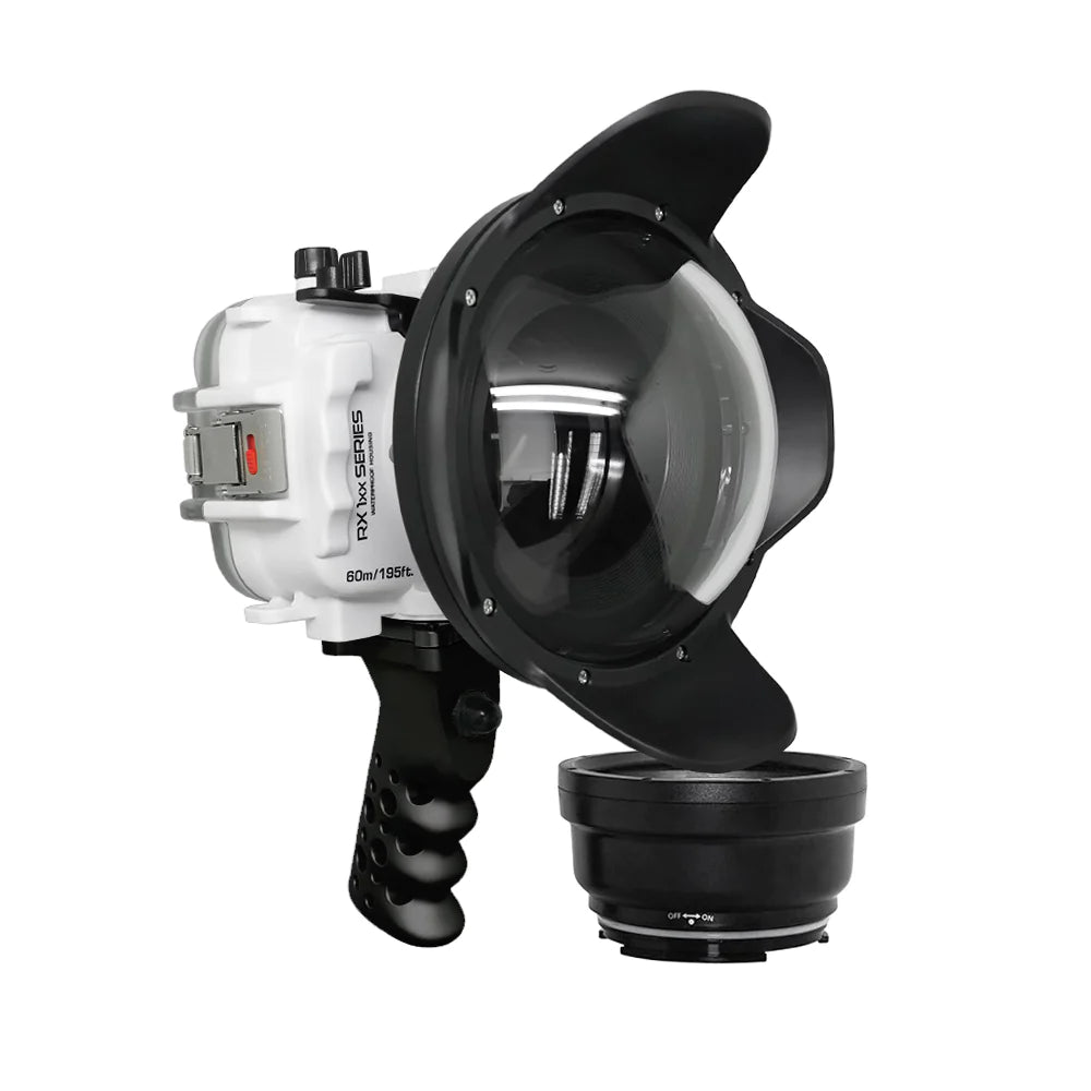 Waterproof Housing for Sony RX1XX Series - 60M/195FT Depth Rating, Aluminum Pistol Grip & 6 Dry Dome Port (White) | Underwater Photography, Scuba Diving, Marine Exploration