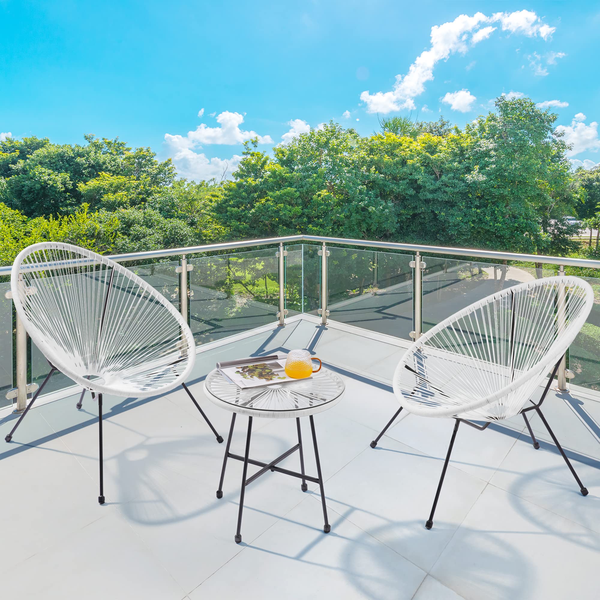 3-Piece Patio Furniture Set - Acapulco Chair with Tempered Glass Table & 2 Chairs, Waterproof Wicker Outdoor Seating for Garden, Balcony, Poolside (White) - Perfect for Relaxing, Entertaining & Sunbathing