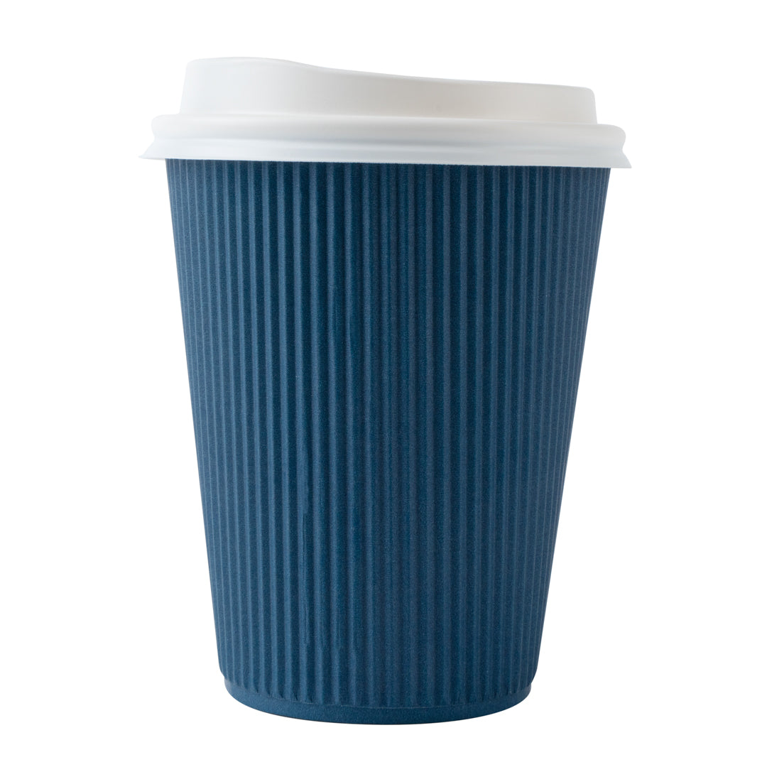 Premium 12 oz Midnight Blue Ripple Wall Coffee Cups with White Lids - 3.5