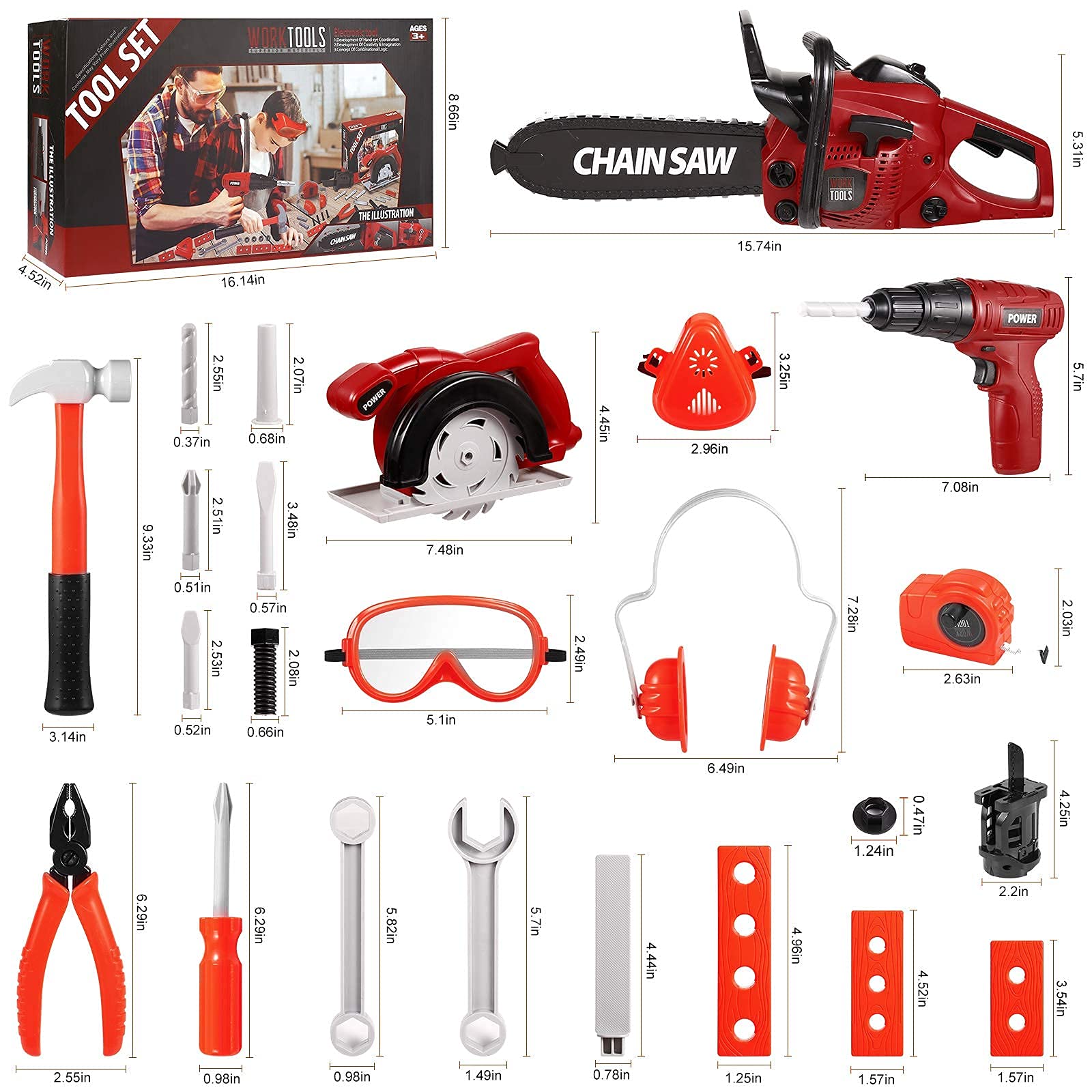 Vextronic 36-Piece Kids Tool Set with Toy Chainsaw & Electronic Drill - Light & Sound Pretend Play Construction Toy for Toddlers Boys Girls Ages 3+ | Perfect for DIY Play, Birthday Gifts & Early Learning Development