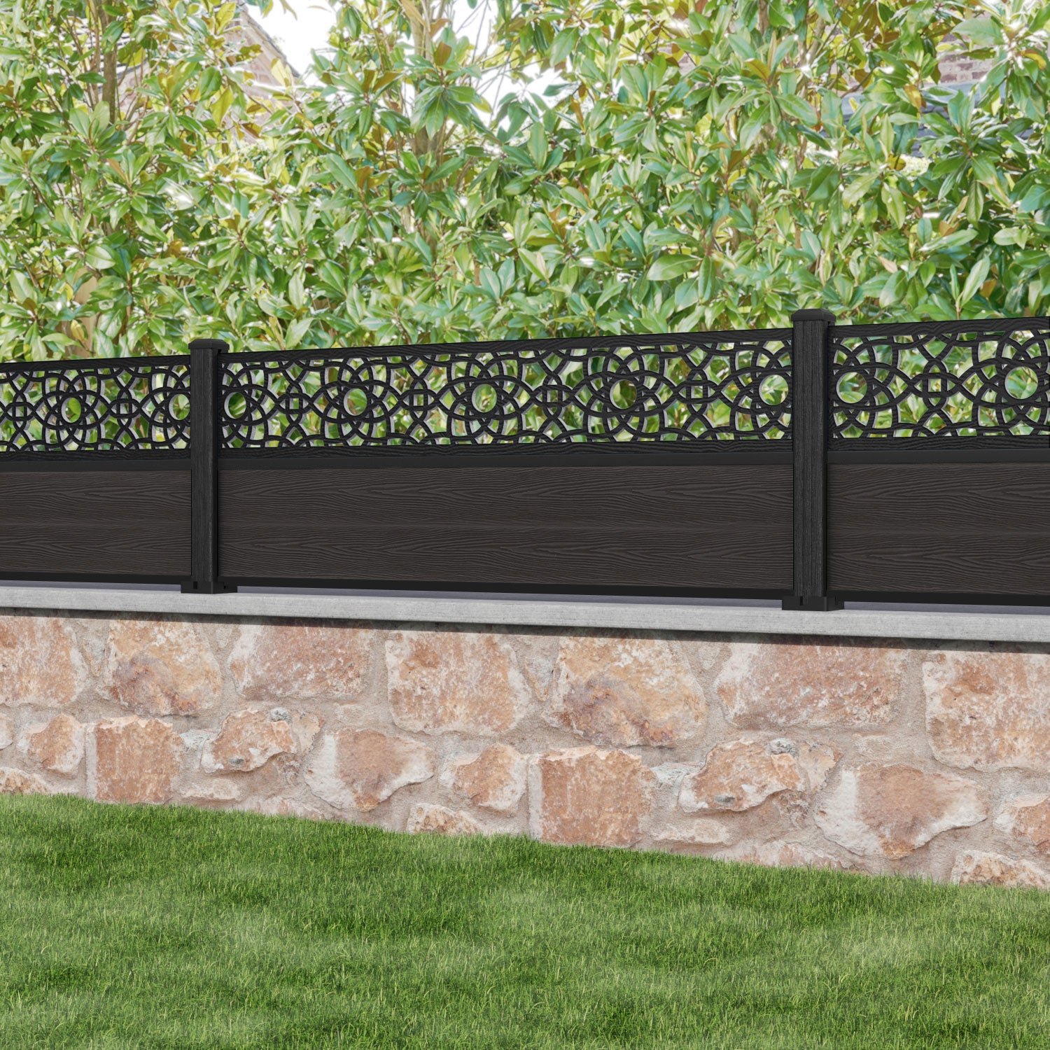 Dark Oak Classic Amber Fence Panel with Composite Posts - Durable Privacy Fencing for Backyard, Garden, and Pool Areas