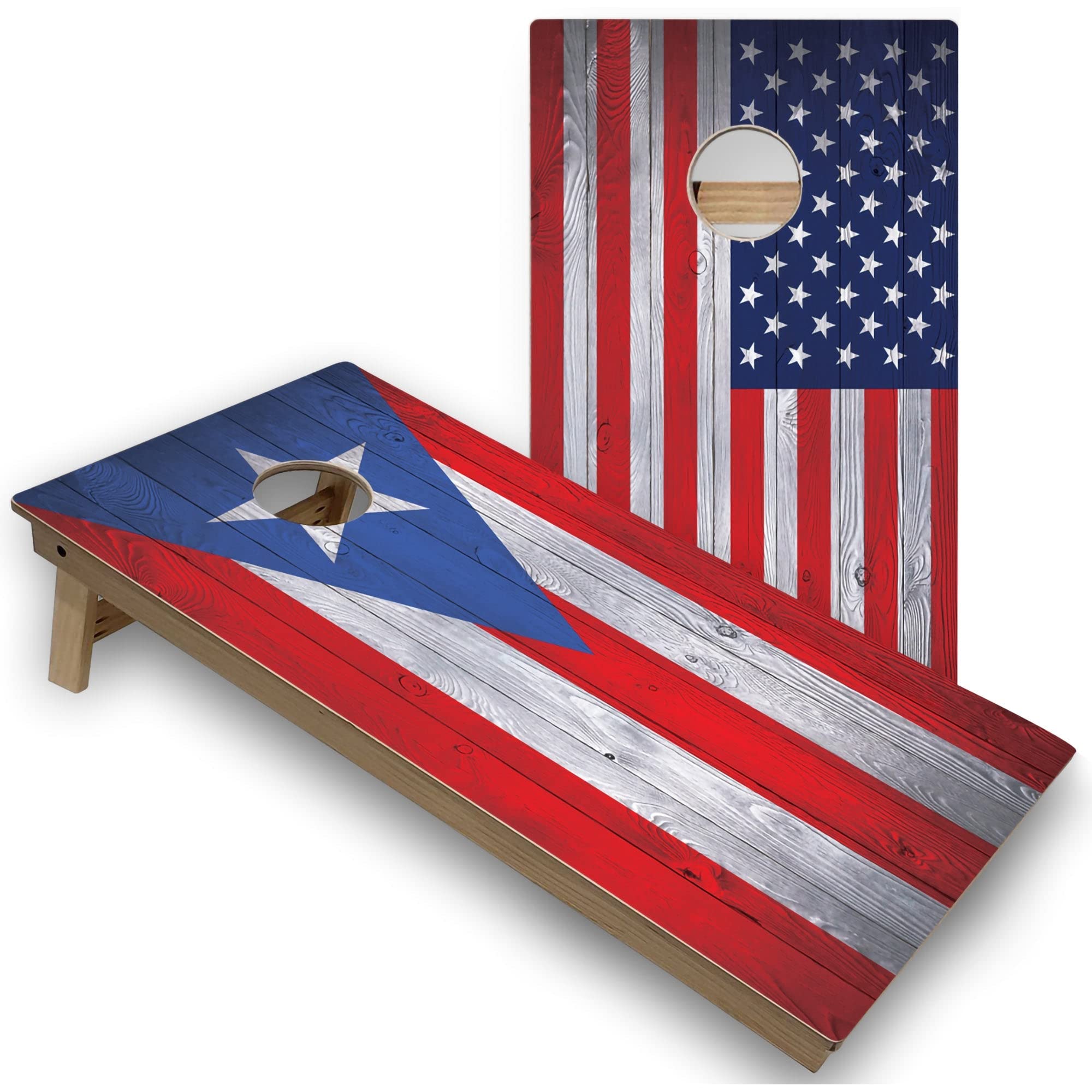 Regulation Size Skip's Garage Puerto Rico & American Flag Cornhole Set - Portable Solid Wood or All-Weather Outdoor Bean Bag Toss Game for Backyard, Tailgating, and Beach Parties
