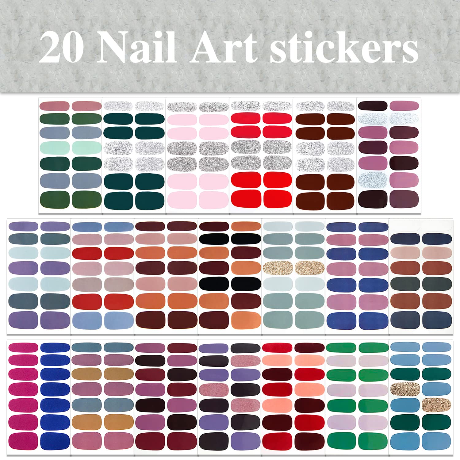WOKOTO 20 Sheets Mix Solid Nail Polish Strips with Nail File - DIY Gel Nail Art Stickers for Women | Full Coverage Nail Wraps & Color Strips | Perfect for Home Manicures, Parties & Gifts