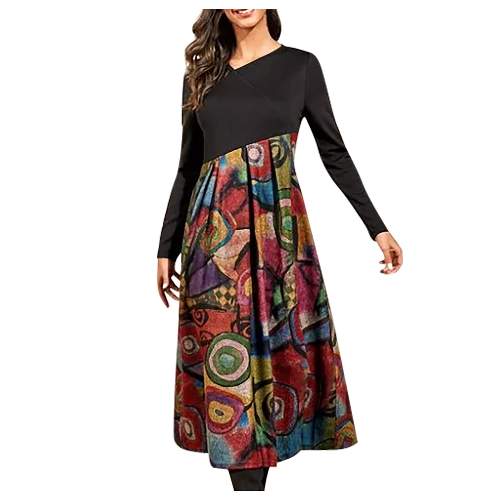 HAOREEKZ Women's Fall Dresses - Autumn Winter Casual Slim Long Sleeve Bohemian Printed Maxi Dress for Date Night, Party & Office Wear