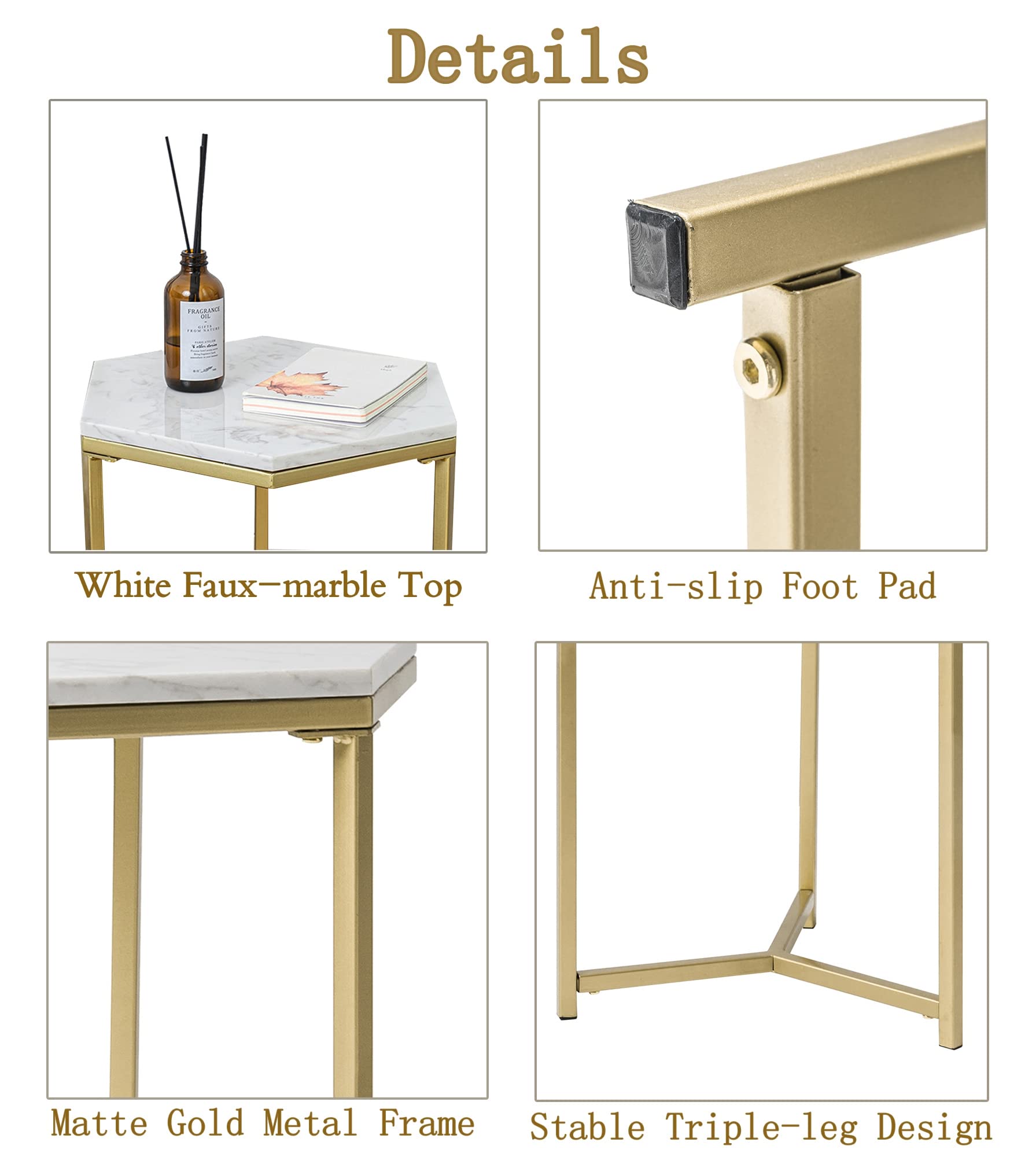 Hexagon Side Table with Gold Accent & Faux Marble Top - White Nightstand for Living Room, Bedroom or Home Office - Small Space End Table (16