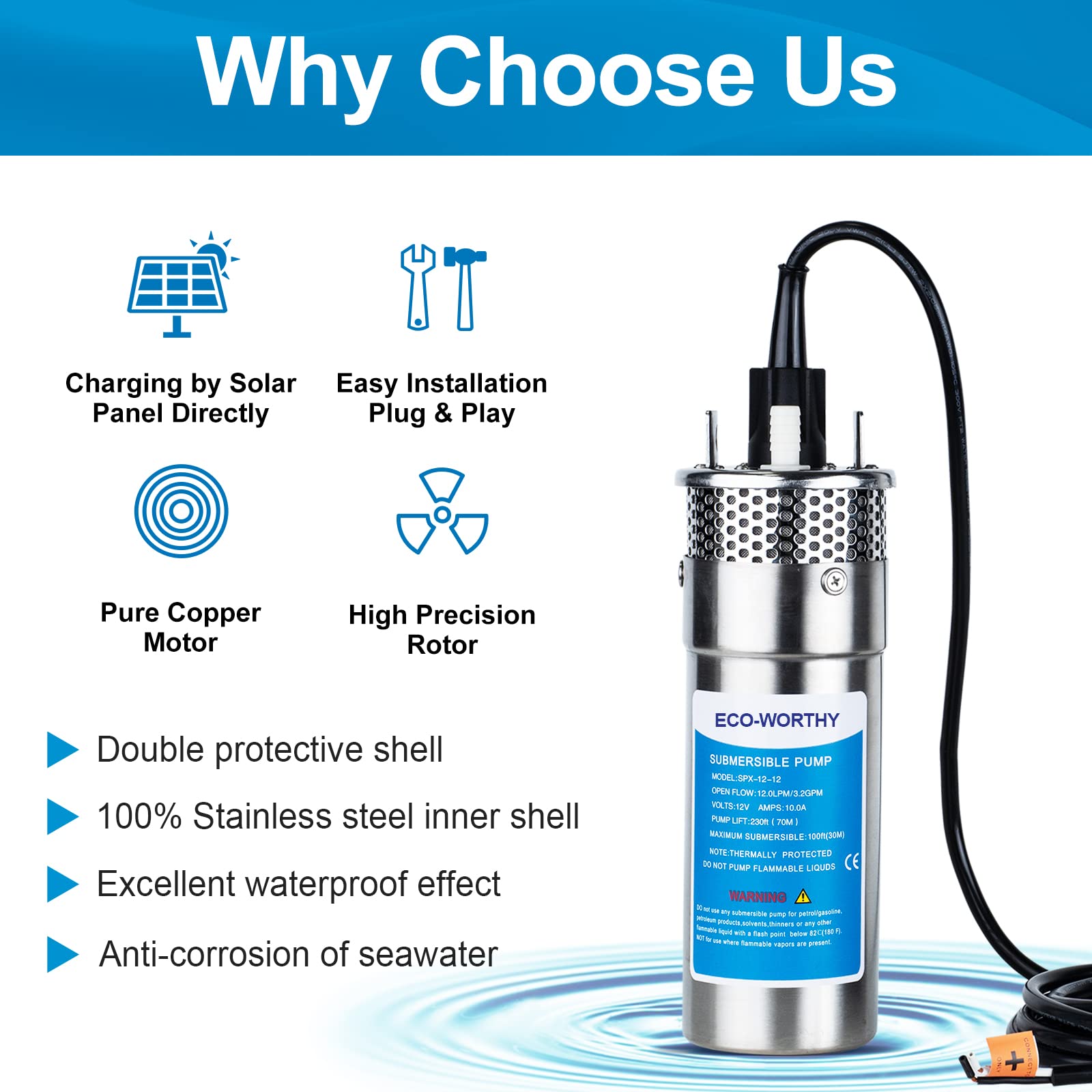 ECO-WORTHY 12V DC Submersible Deep Well Water Pump - 3.2GPM Flow Rate, 230ft Max Head, Solar/Battery Powered - Ideal for Wells, Livestock Watering, Irrigation & Tank Filling | Perfect for Off-Grid Homes, Farms & Emergency Water Supply