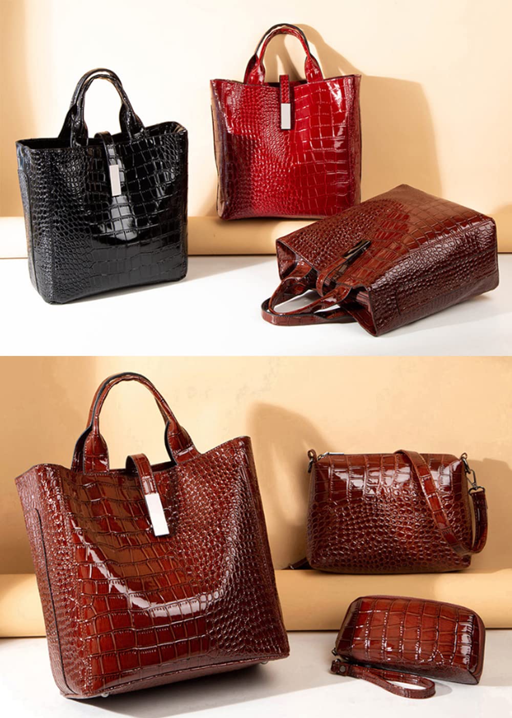 Stylish Women's Crocodile Embossed Tote Bag - Genuine Patent Leather Shoulder Bag with Matching Coin Purse | Perfect for Work, Travel & Everyday Fashion Accessory
