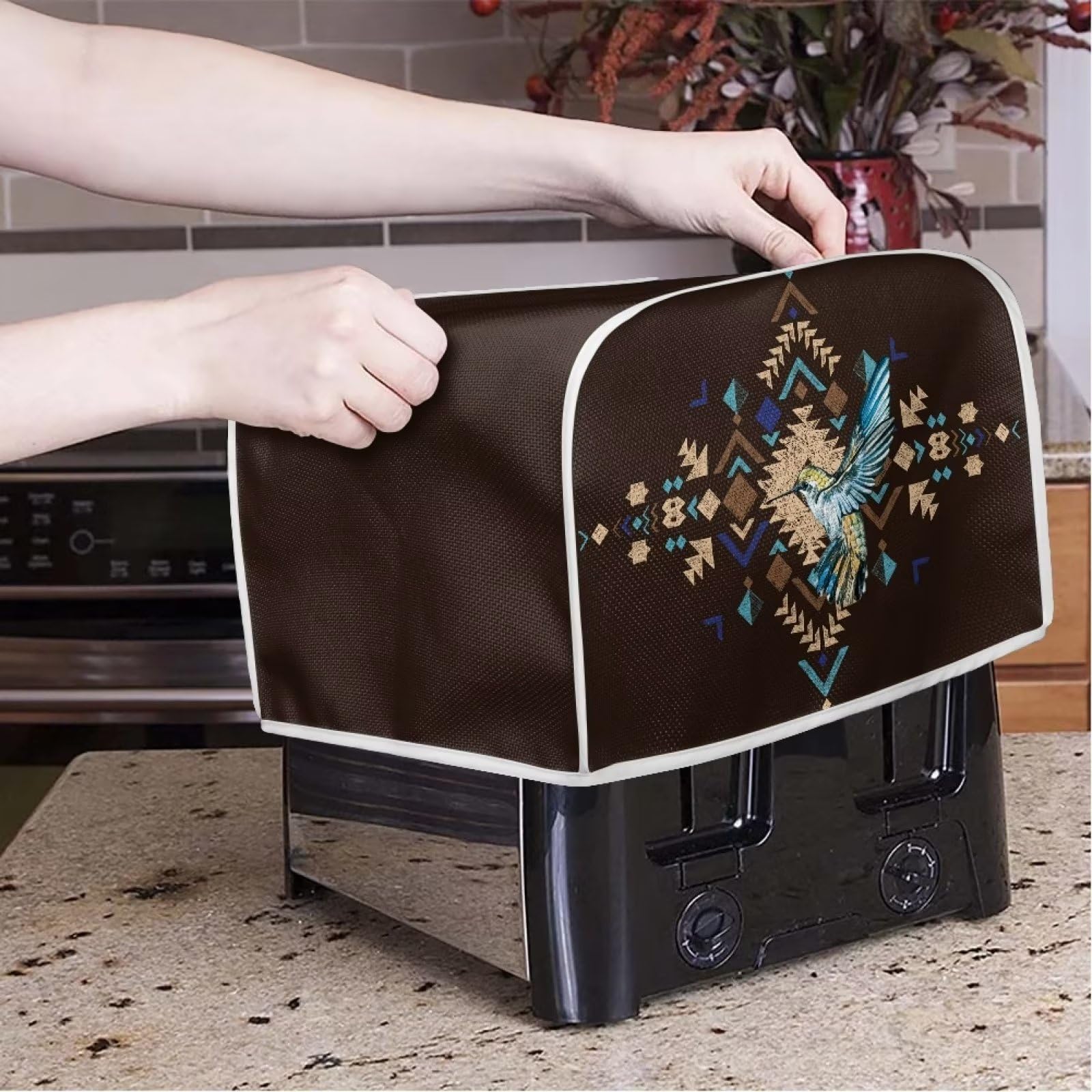 Hummingbird Brown 2-Slice Toaster Cover - Stain Resistant Dustproof Kitchen Appliance Protector with Aztec Ethnic Design | Perfect for Bread Toasters & Small Countertop Ovens