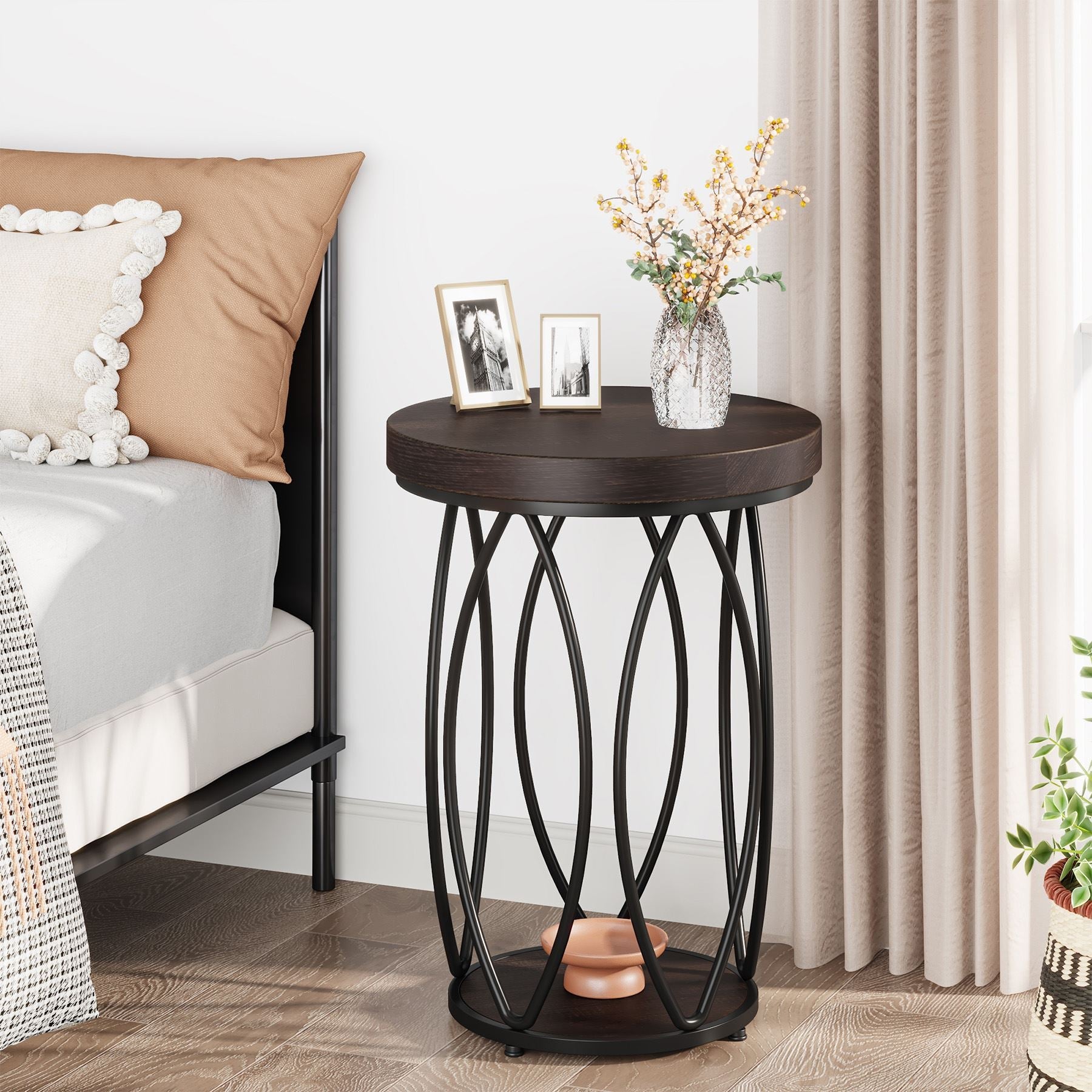 Industrial Round End Table with Storage Shelf - Modern Accent Side Table for Living Room, Bedroom & Office Decor