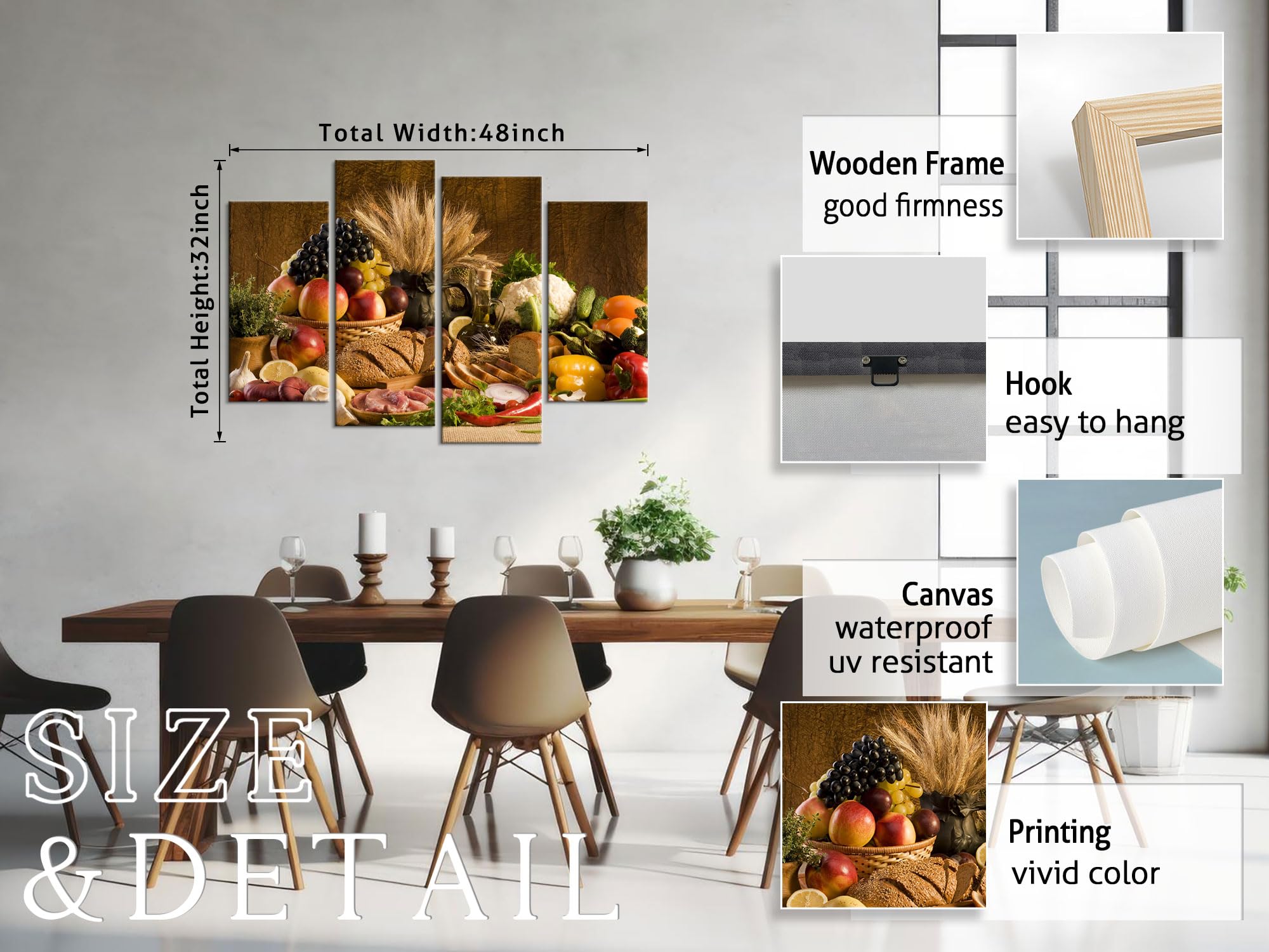 YOUHONG 4-Piece Kitchen Wall Art Set - Vibrant Fruit & Food Themed Canvas Paintings (48''W x 32''H) - Stretched & Ready to Hang - Perfect for Kitchen, Dining Room & Home Decor - Ideal for Farmhouse, Modern & Rustic Interior Design Styles