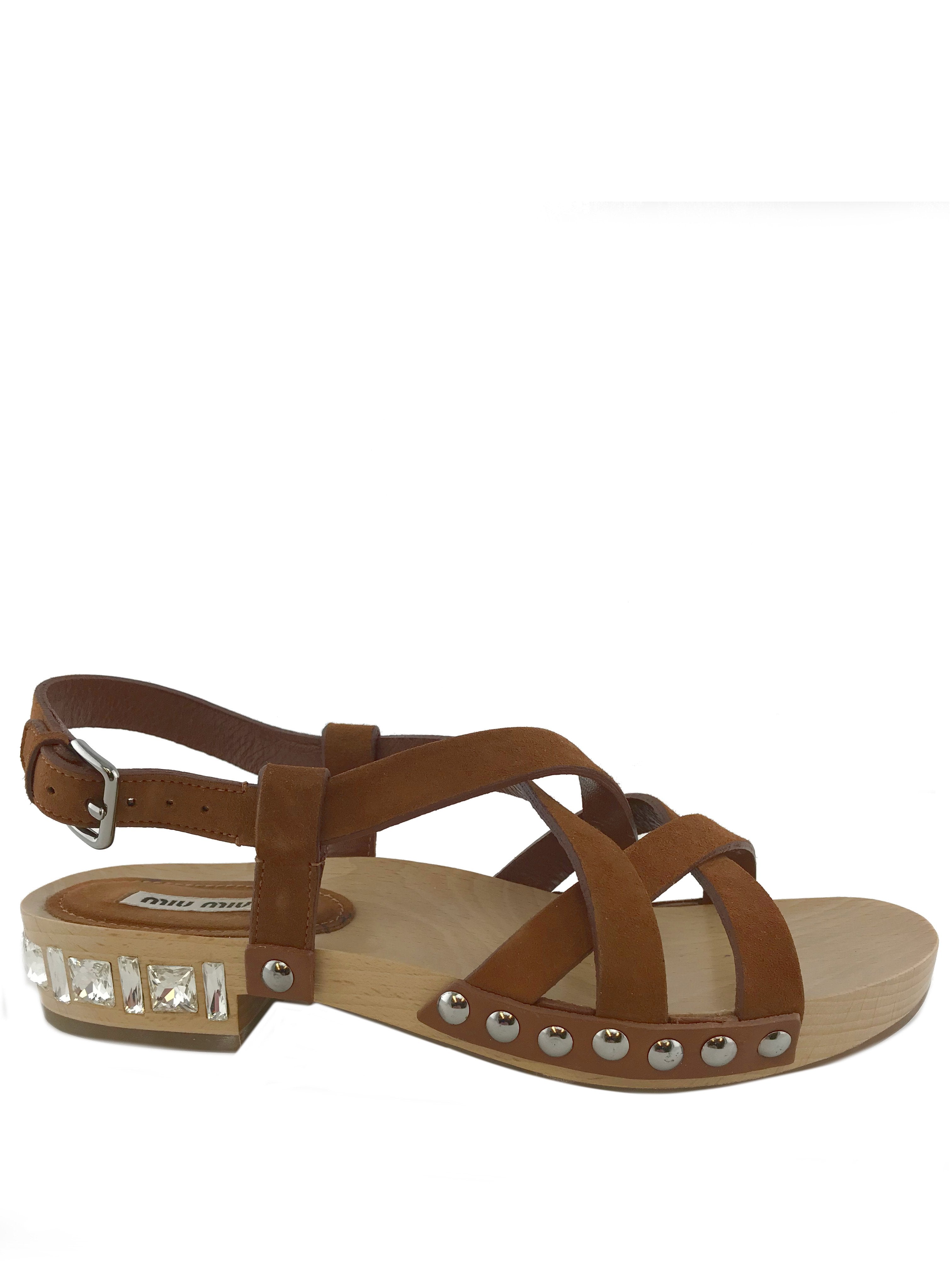 Miu Miu Women's Size 6.5 Leather Studded Strappy Heel Sandals with Jeweled Details - Perfect for Evening Parties, Weddings & Special Occasions