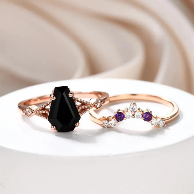 Vintage Coffin Cut Black Onyx & Amethyst Ring Set - Unique 9x6mm Gothic Jewelry for Women - Perfect for Halloween, Dark Aesthetic & Alternative Fashion Lovers