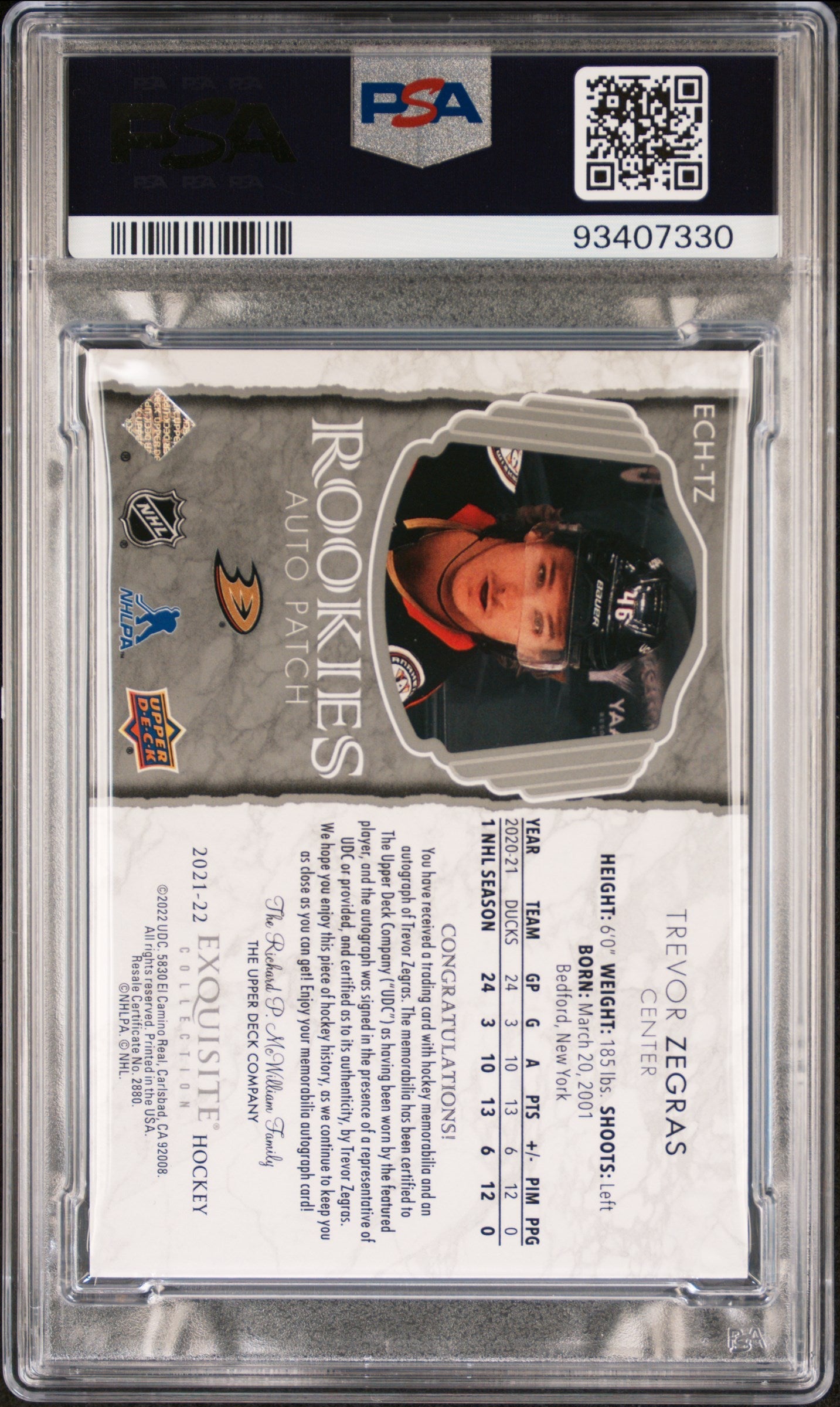 2021-22 Upper Deck The Cup Trevor Zegras Rookie Patch Autograph Relic Card PSA 9 /25 - Hockey Collectible for Display & Investment